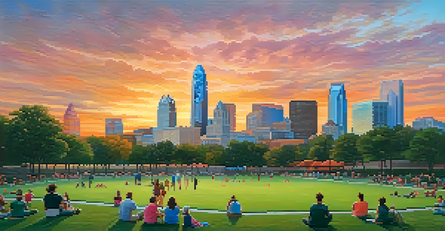 Charlotte's skyline at sunset with colorful skies and a park in the foreground filled with people enjoying leisure activities.
