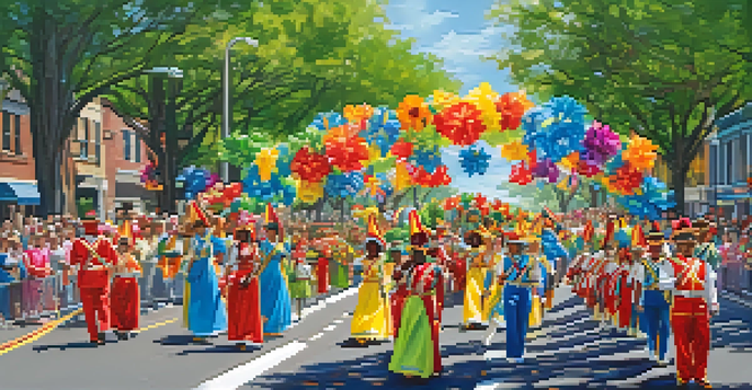 A lively parade in Charlotte, featuring participants in vibrant costumes marching next to decorated floats, with families cheering along the streets.