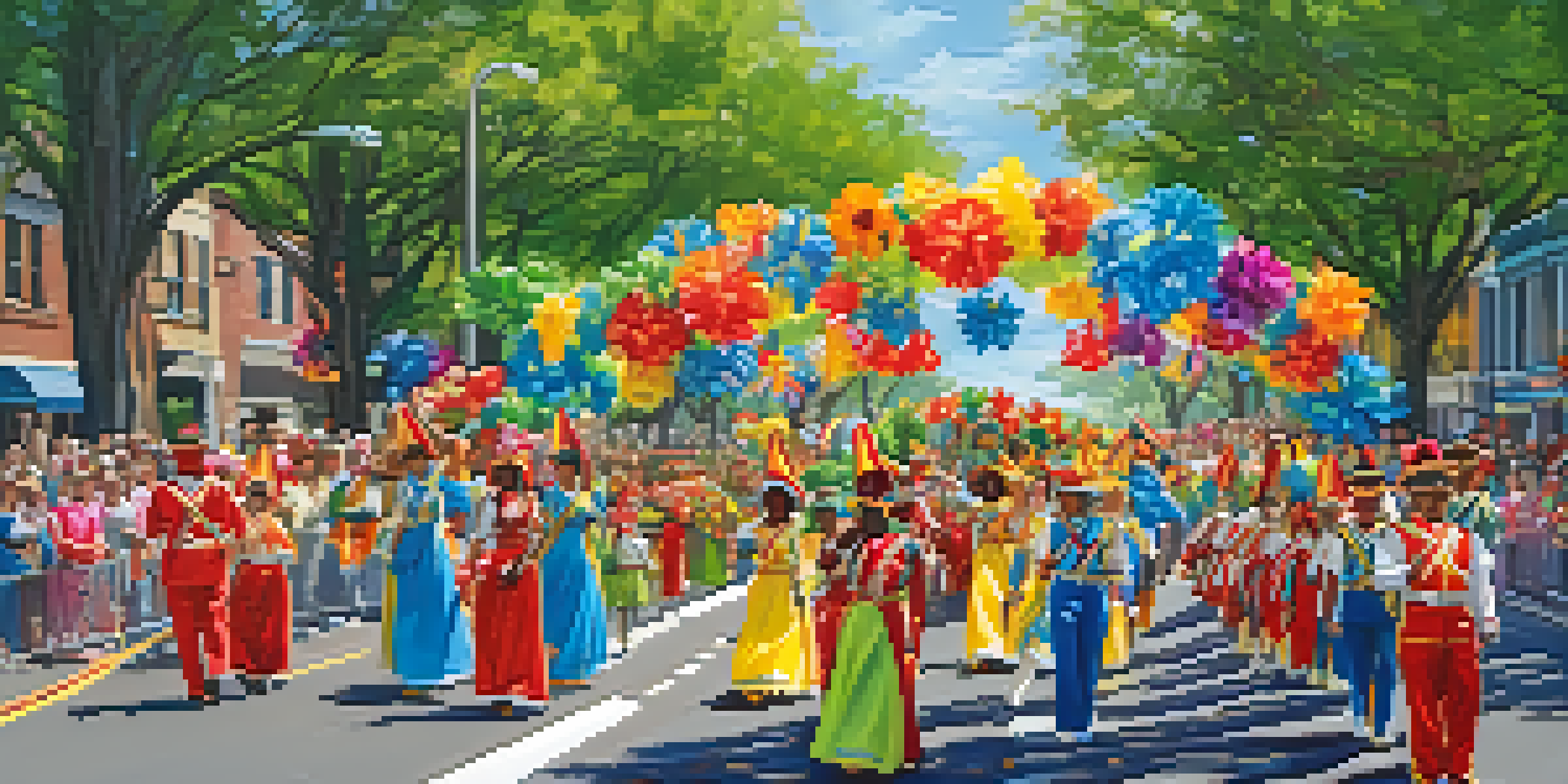 A lively parade in Charlotte, featuring participants in vibrant costumes marching next to decorated floats, with families cheering along the streets.