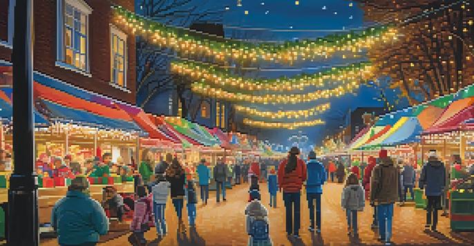 Families enjoying the Charlotte Festival of Lights, surrounded by colorful lights and decorations.