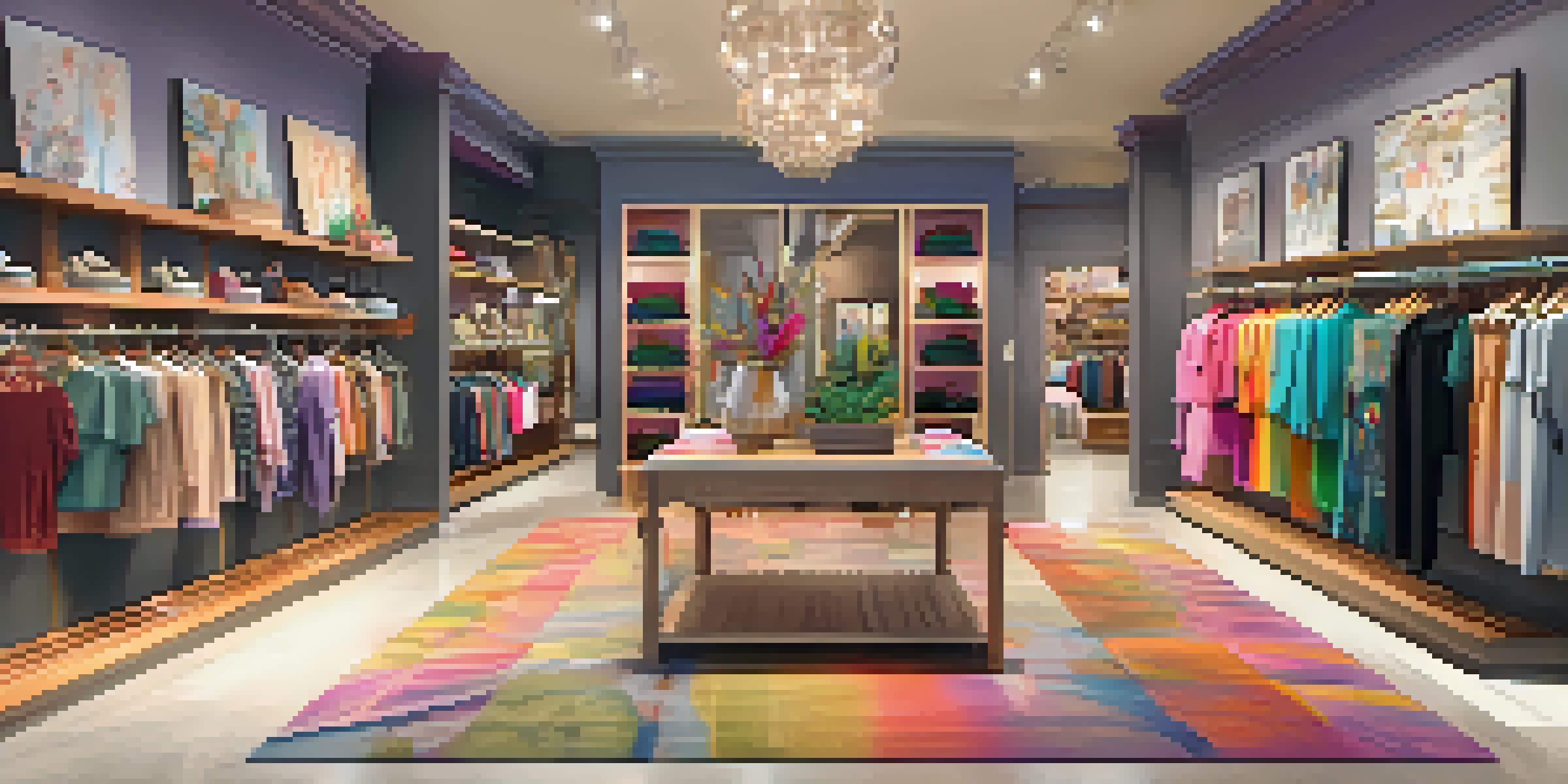 A colorful boutique interior with racks of unique clothing and a staff member assisting a customer.
