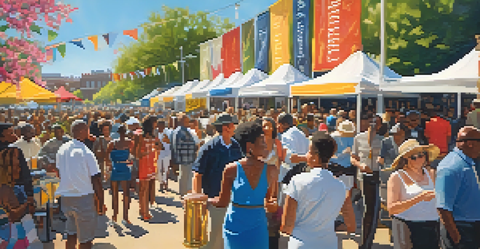 A lively crowd enjoying the Charlotte International Jazz Festival, surrounded by musicians and colorful food stalls under a sunny sky.