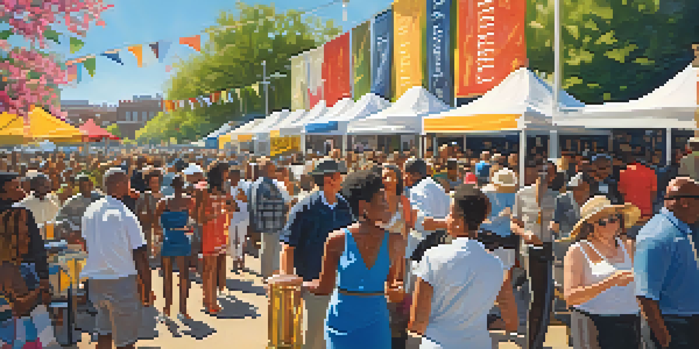 A lively crowd enjoying the Charlotte International Jazz Festival, surrounded by musicians and colorful food stalls under a sunny sky.
