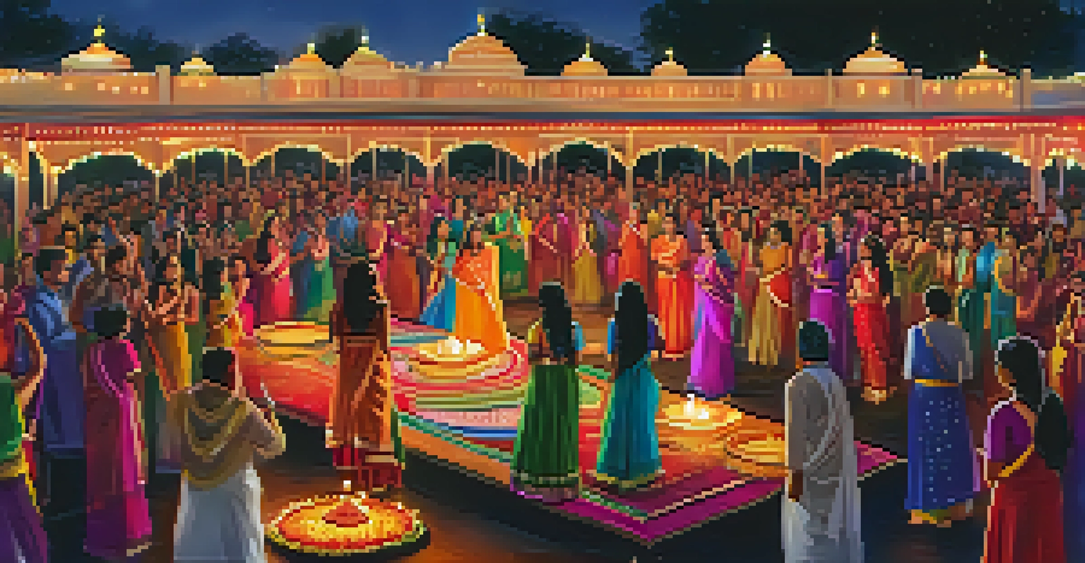 A festive Diwali celebration with colorful decorations, food stalls, and traditional dance performances.