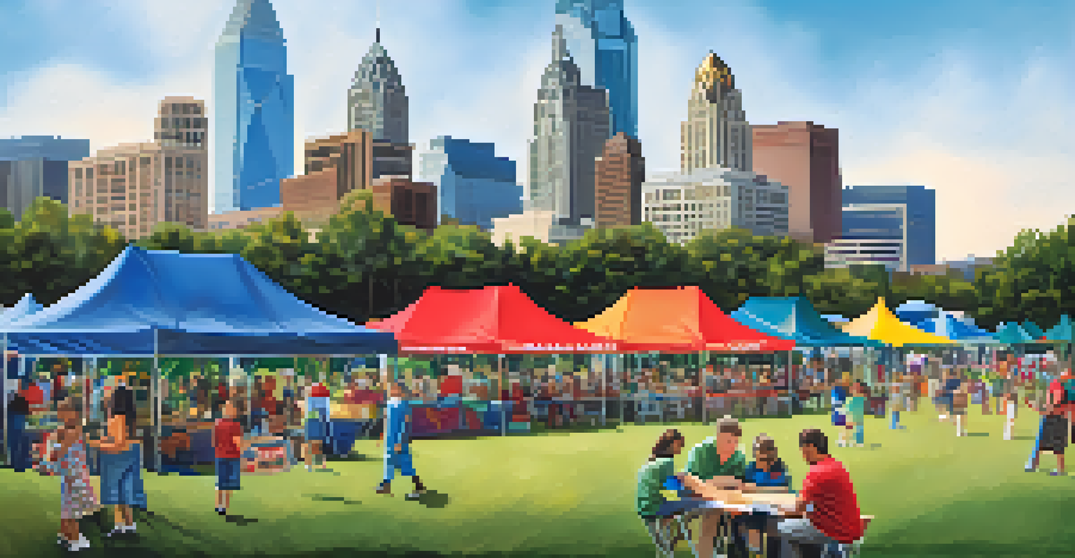 A community event in Charlotte featuring families and educators engaging in activities with banners promoting education.