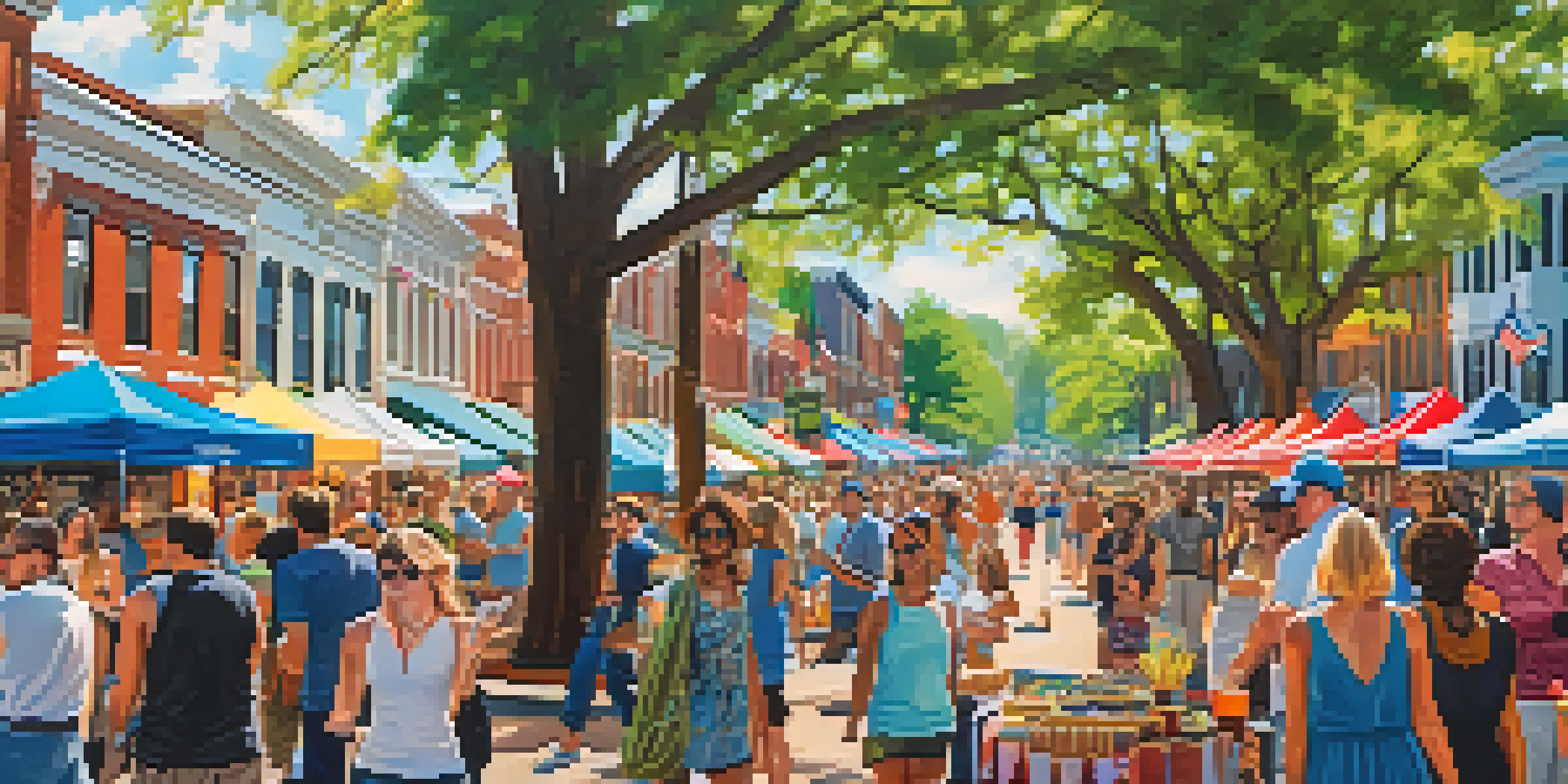 A lively scene of the Historic South End Festival in Charlotte with a diverse crowd, food trucks, and local artists displaying crafts.