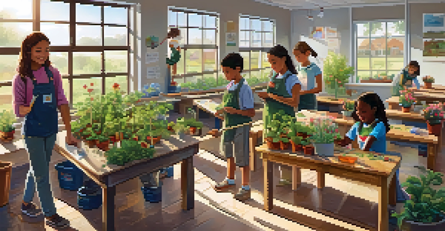 Students engaging in a service learning project by planting a community garden under the guidance of a teacher in a bright classroom.