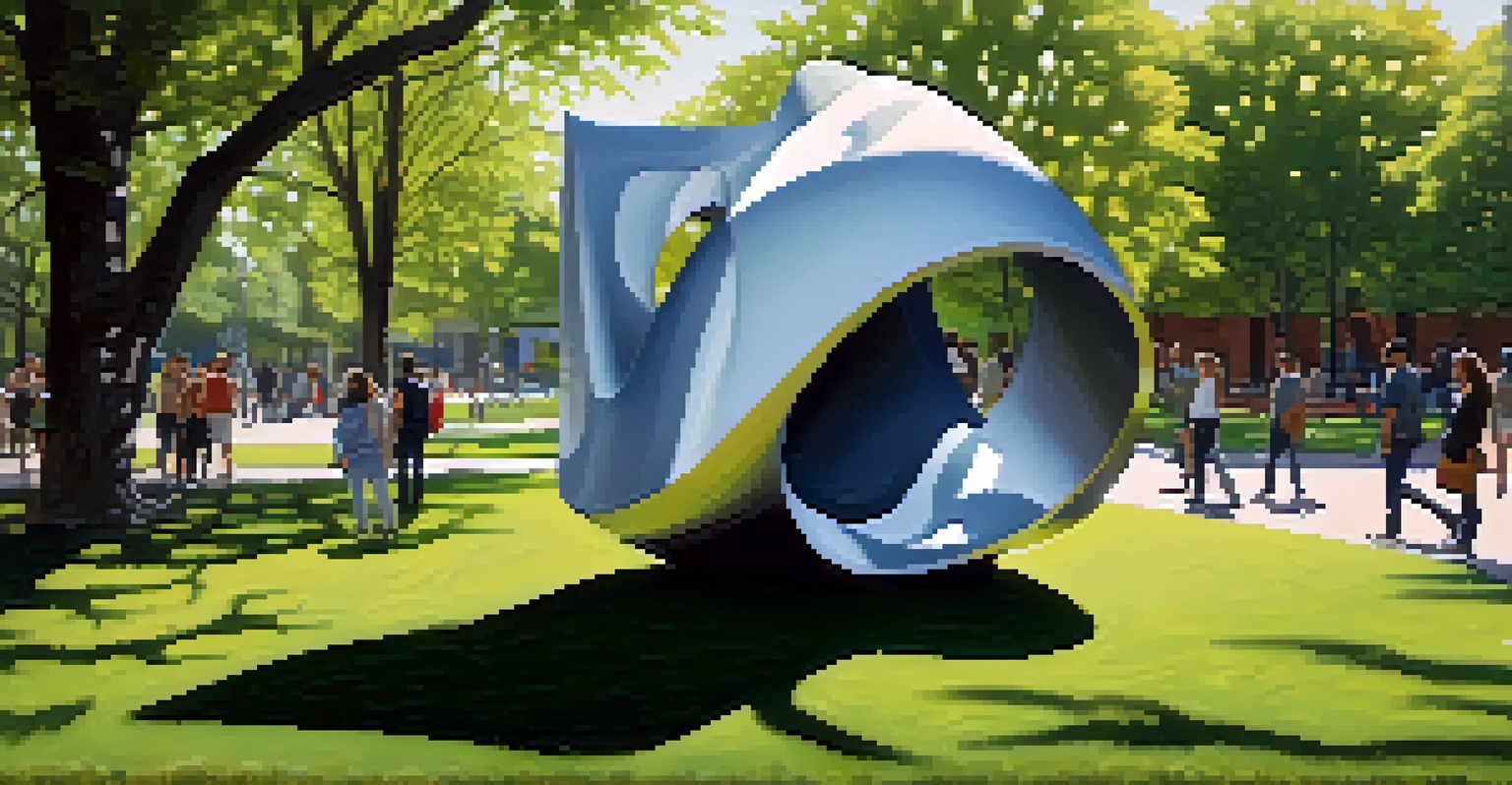 An abstract sculpture in a city park, surrounded by grass and trees, with people interacting around it.