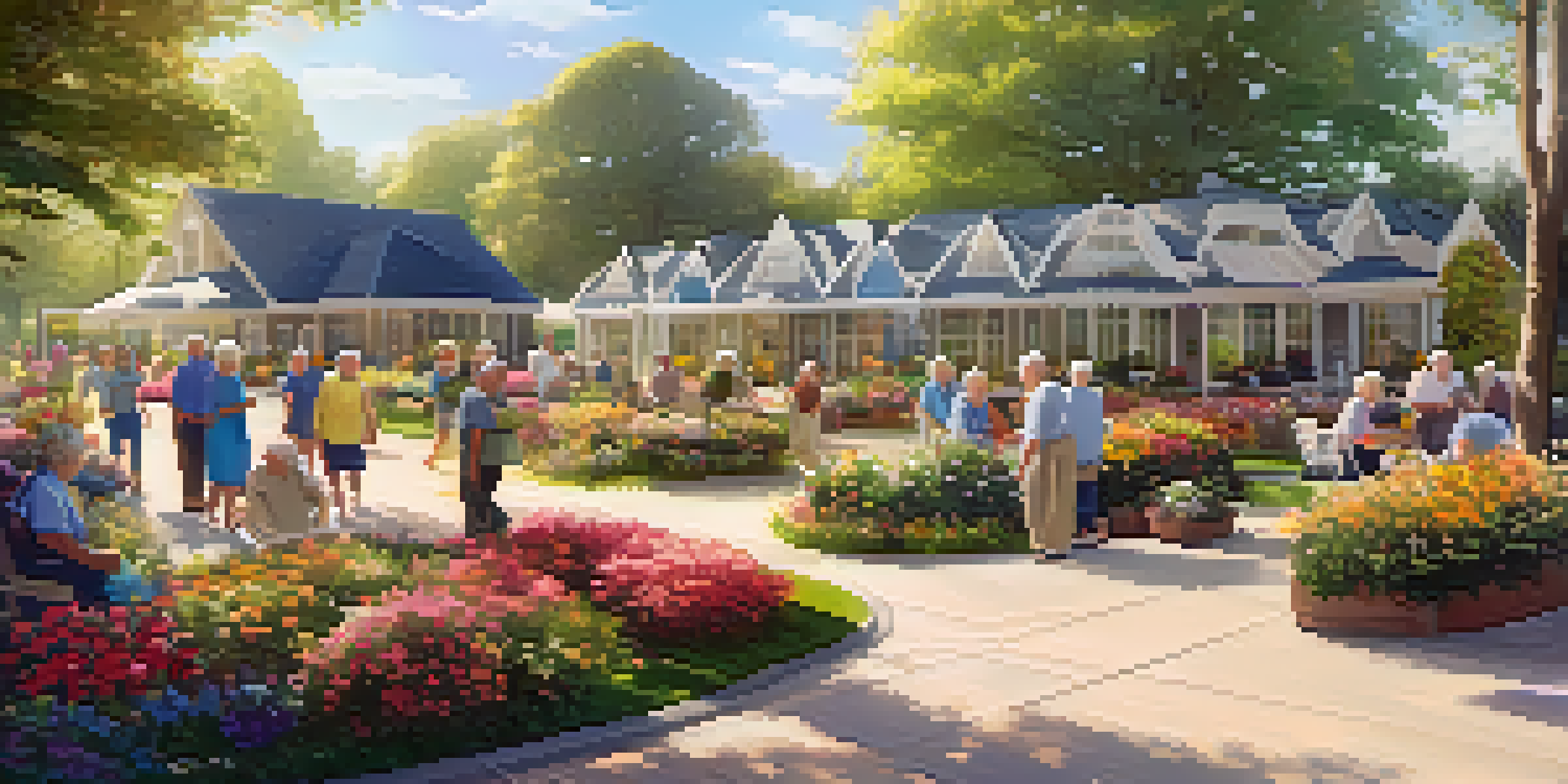 A peaceful assisted living community with seniors gardening and enjoying the outdoors under warm sunlight.