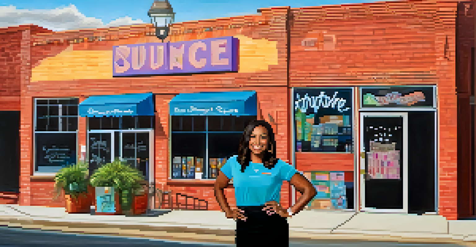 A female minority entrepreneur in front of her colorful small business in Charlotte, smiling confidently with vibrant signage in the background.