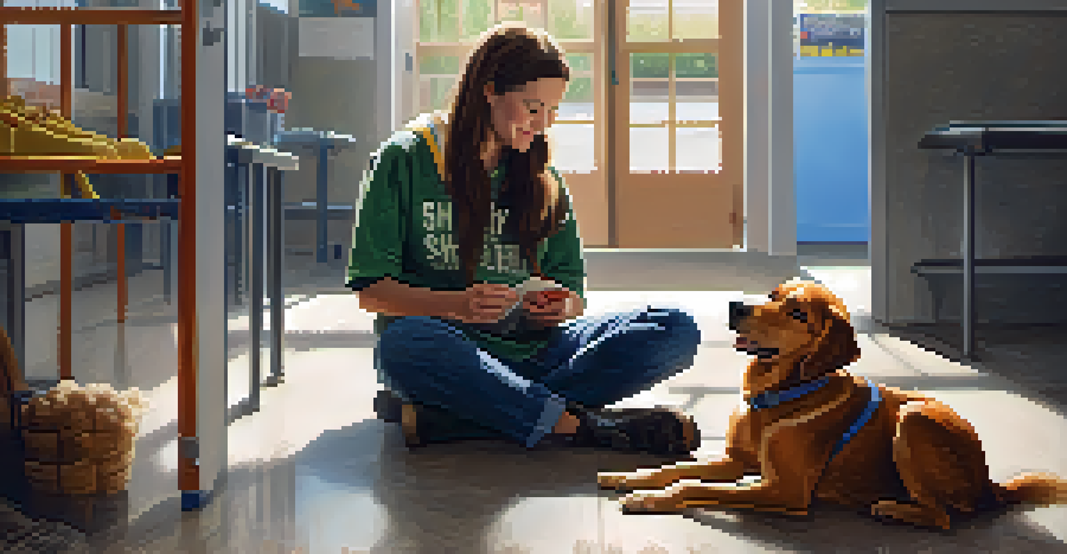 A volunteer comforting a shy dog in an animal shelter, creating a warm and caring atmosphere.