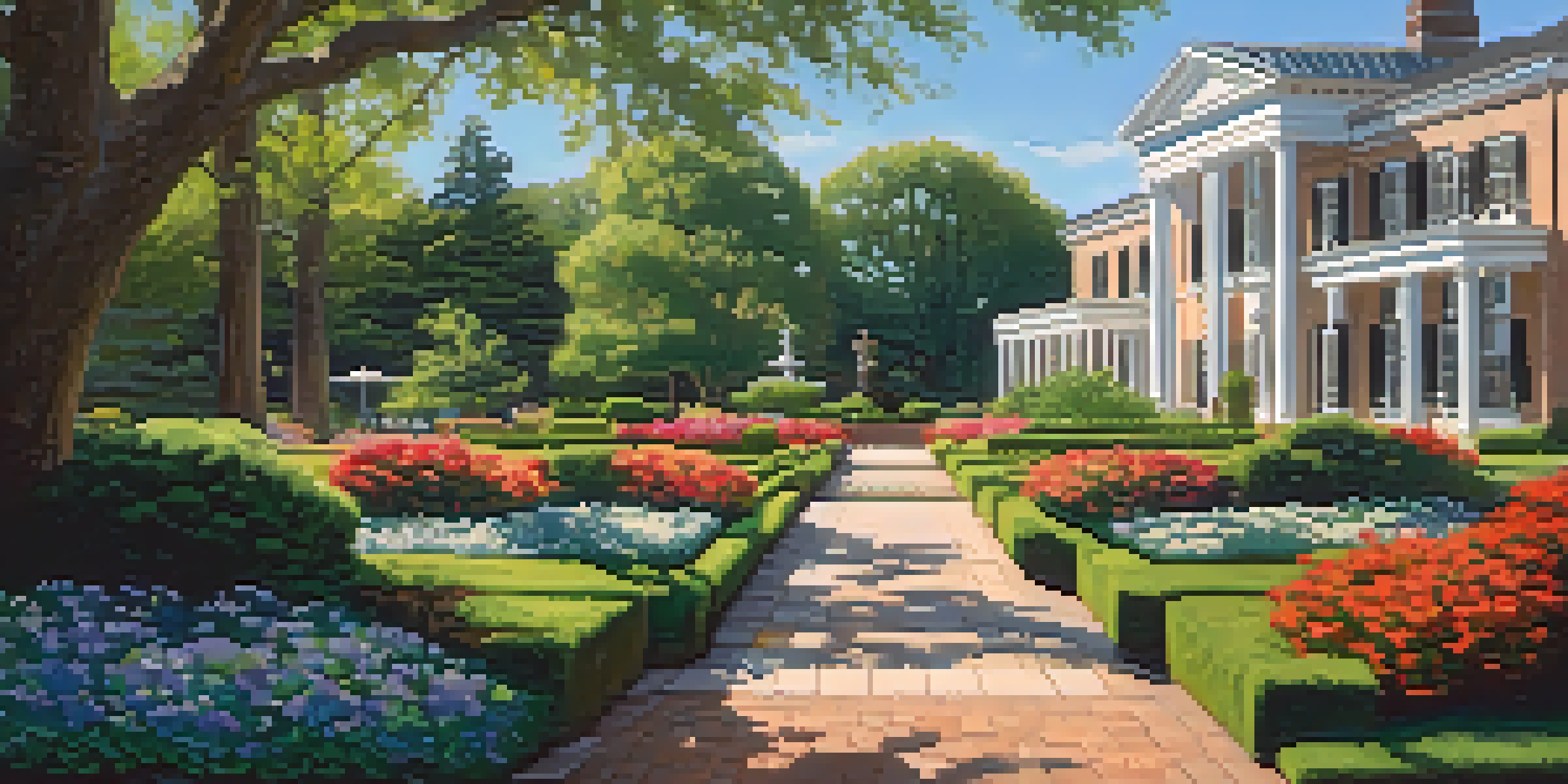 A scenic view of a garden with colorful flowers and a historic house in the background under a clear sky.