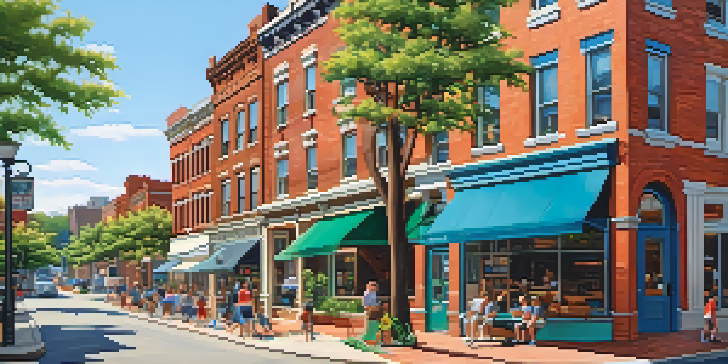 A lively street scene in Elizabeth, New Jersey, highlighting historic buildings and modern shops, with a community park in the foreground.