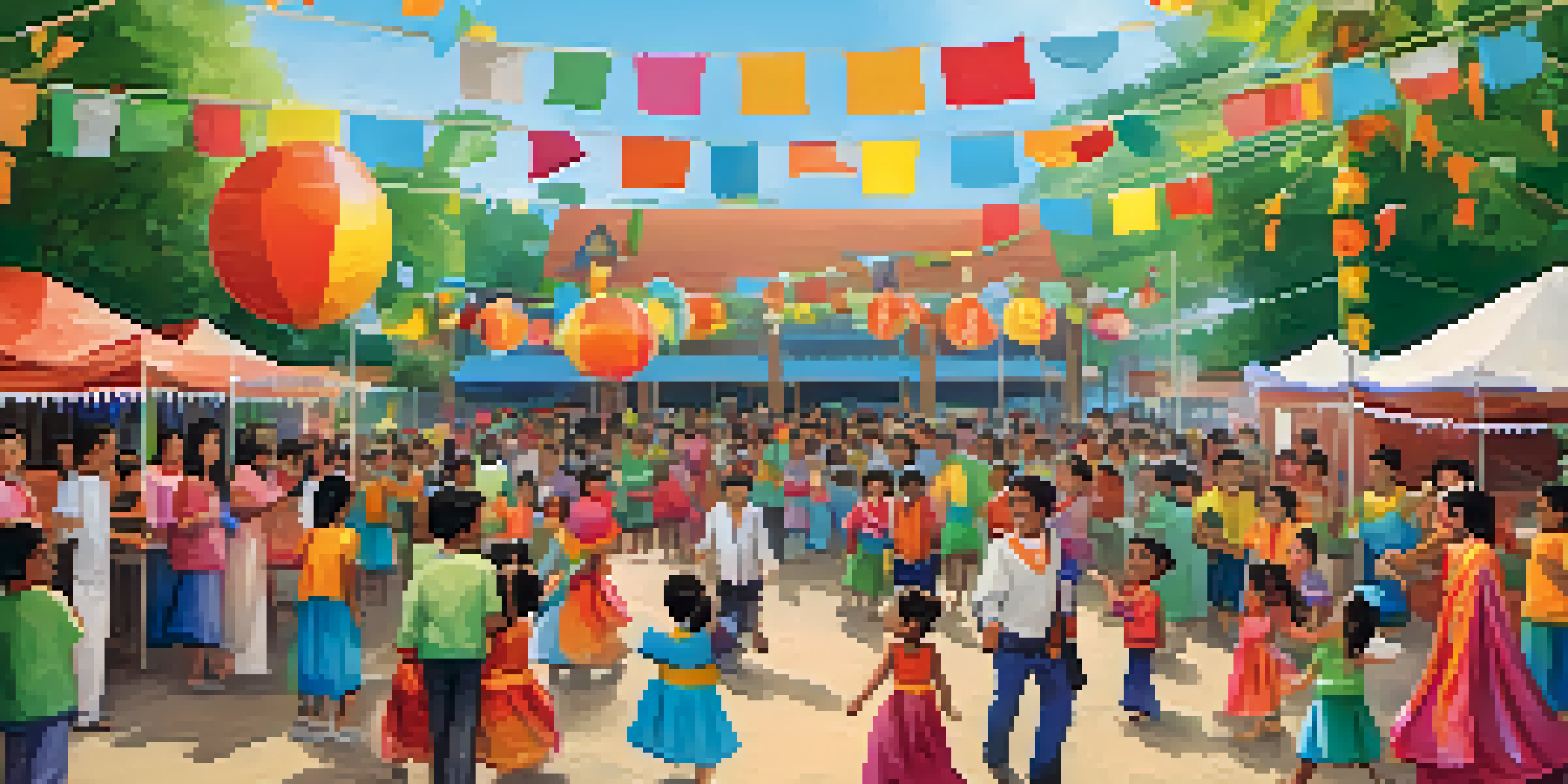 A lively community event at a school with families from diverse backgrounds enjoying cultural activities and traditional dances.