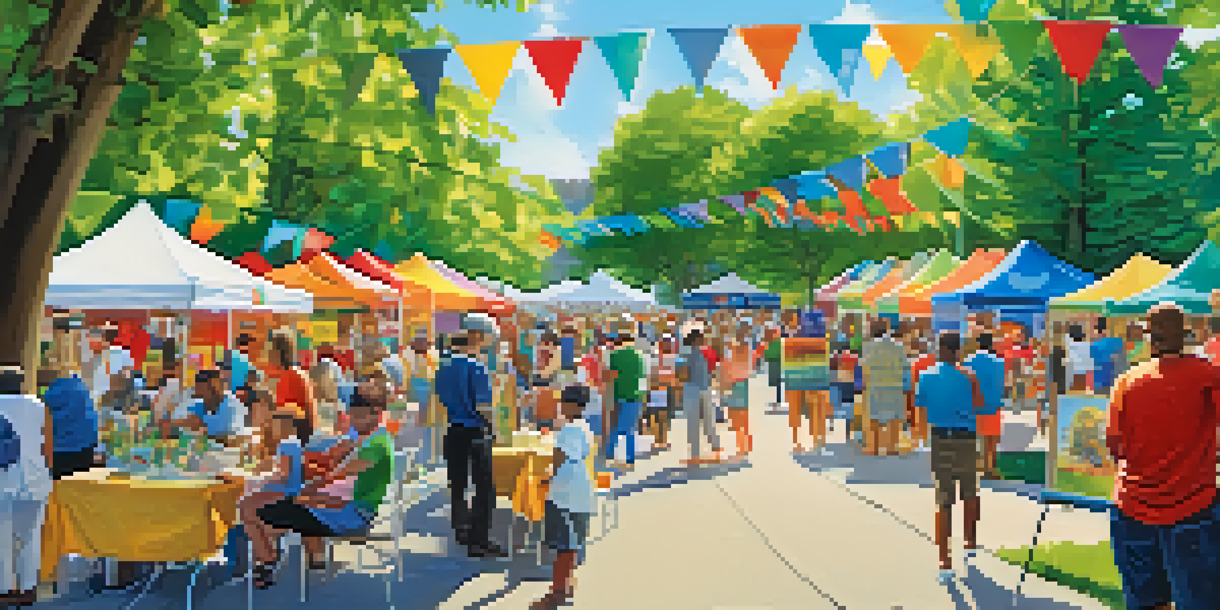 A lively community event with diverse people engaging at nonprofit booths in a sunny park.