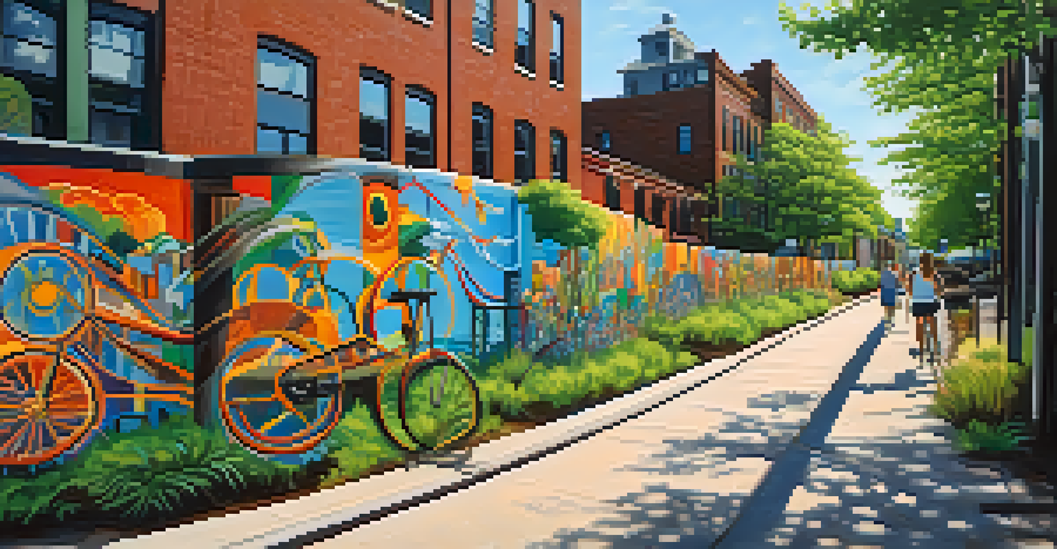 A scenic view of the Rail Trail in South End, Charlotte, featuring colorful murals and people walking and biking.