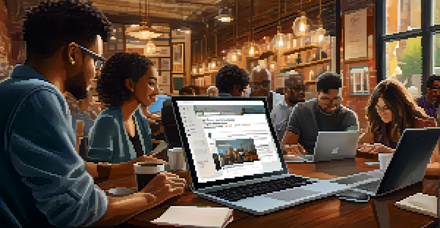 A close-up of hands typing on a laptop in a coffee shop, with a coffee cup and notebook on the table.