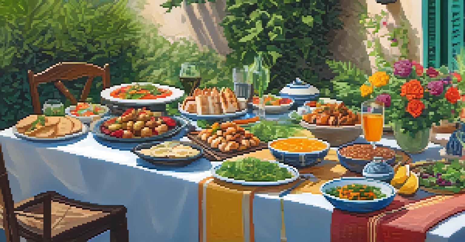 A table set outdoors displaying a variety of Mediterranean dishes, including mezze plates and fresh pita bread in a lush garden setting.