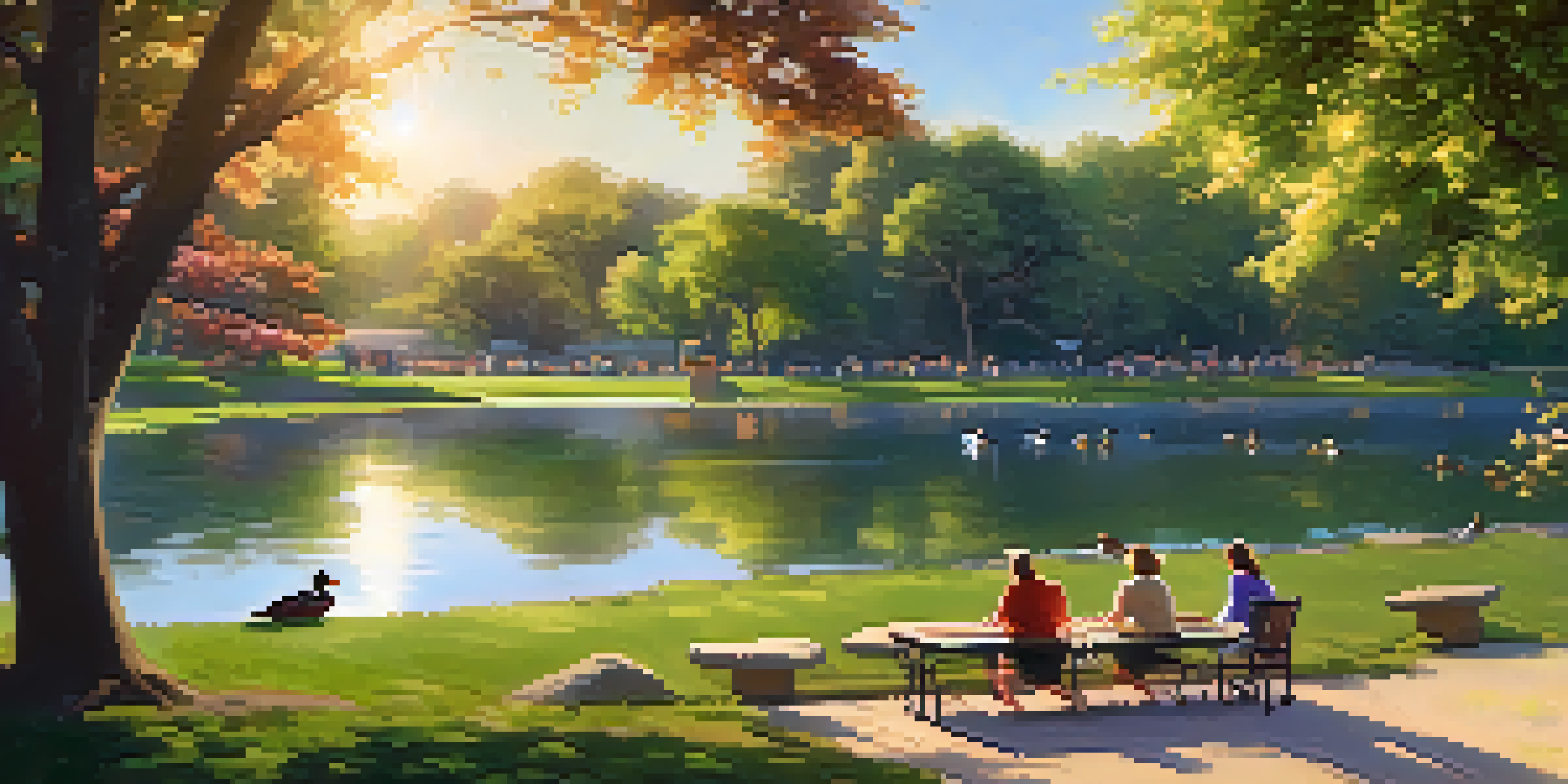 A tranquil lake in Freedom Park with ducks swimming, surrounded by families having picnics on the grass under warm sunlight.