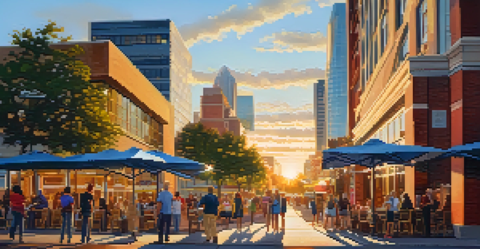 A lively street in Charlotte with people walking, modern buildings, and a sunset glow.