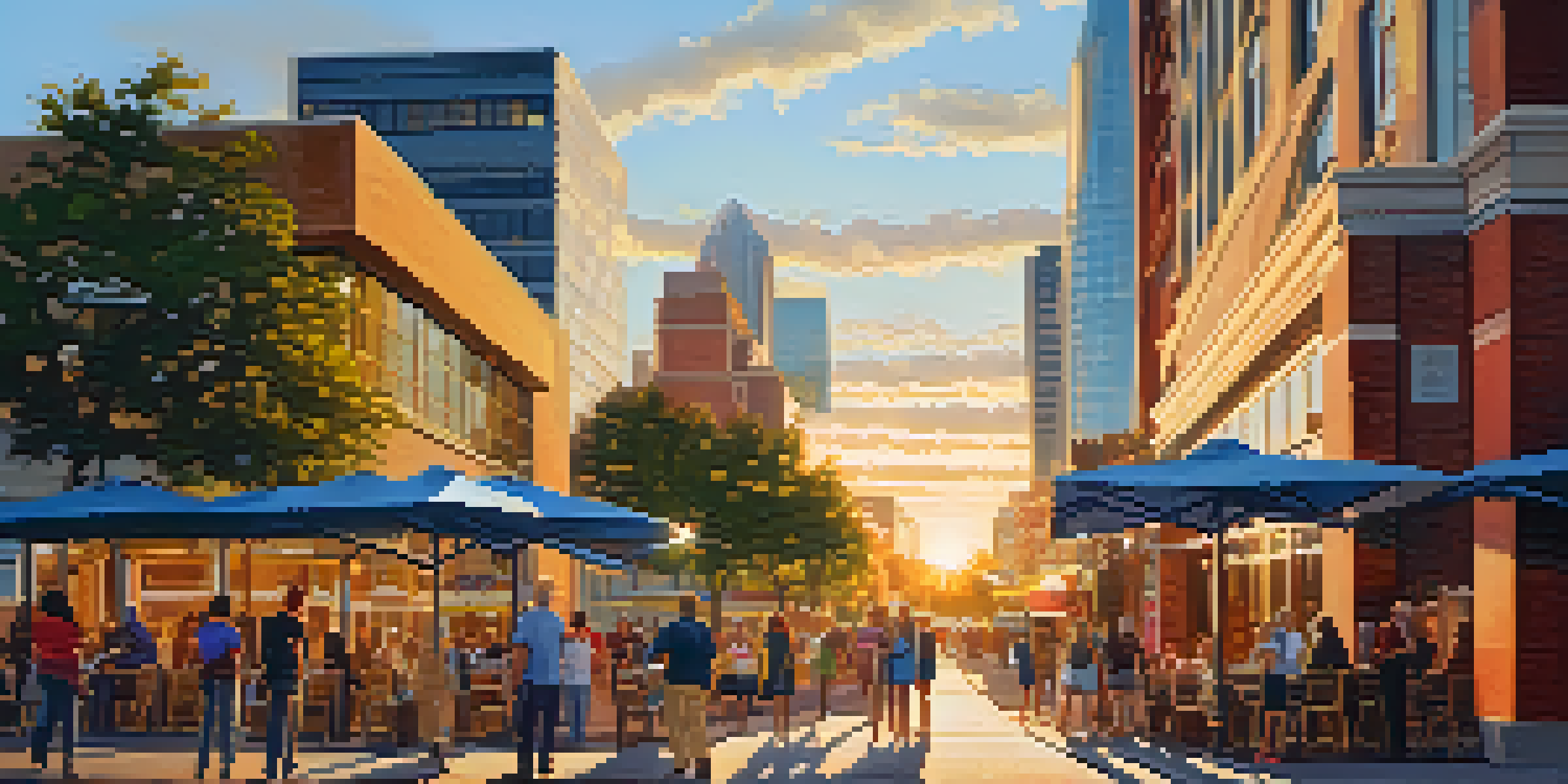 A lively street in Charlotte with people walking, modern buildings, and a sunset glow.