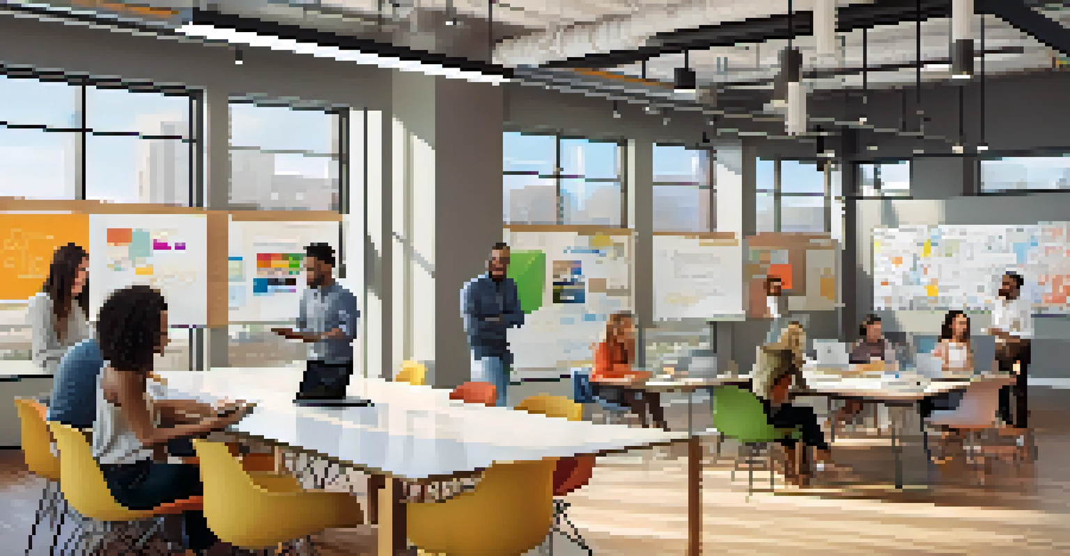 A modern co-working space in Charlotte with a diverse group of people collaborating around a large table, filled with natural light and creativity.