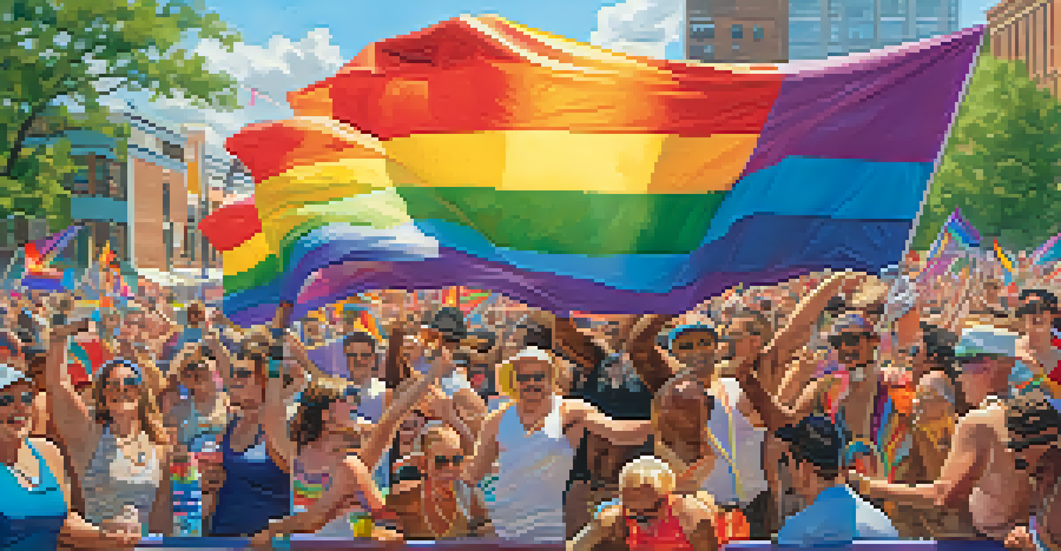 A colorful scene from the Charlotte Pride Festival featuring diverse crowd, rainbow floats, and performers celebrating under a sunny sky.