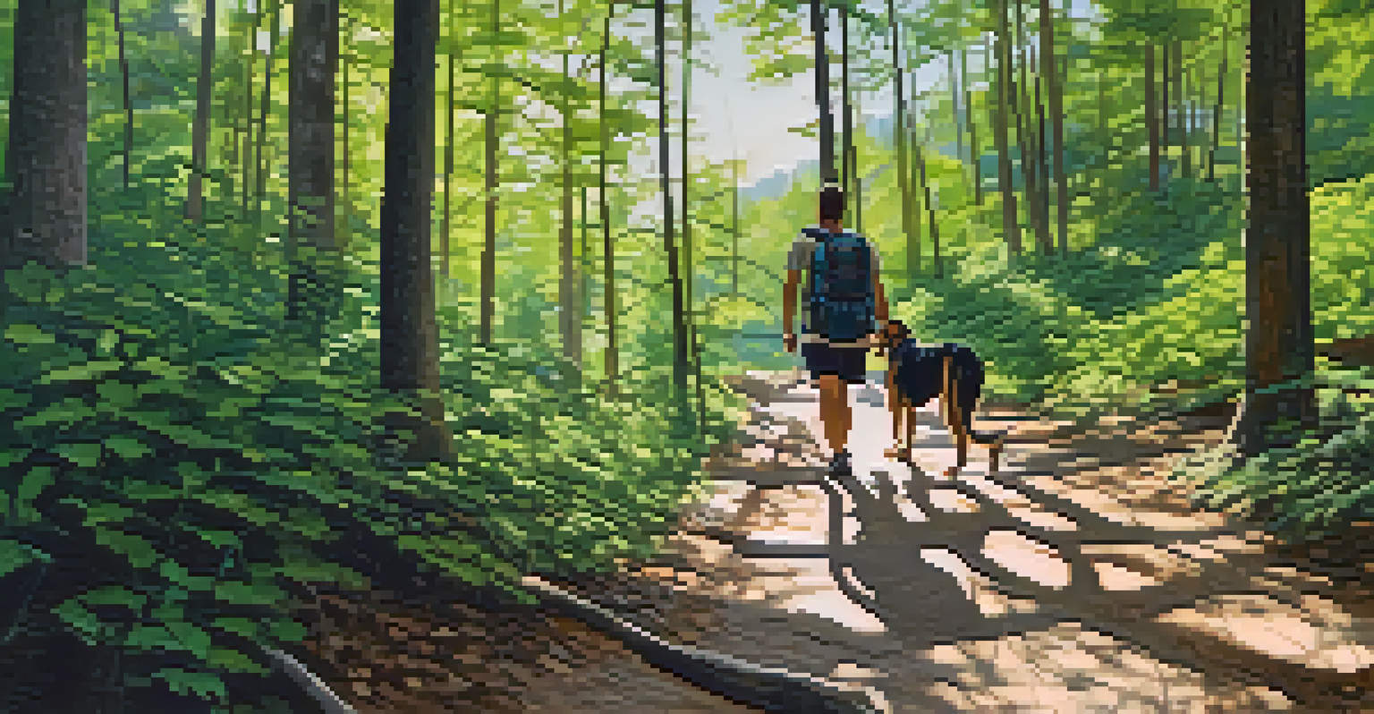 A hiking trail in a forest with a dog exploring alongside its owner, sunlight filtering through the trees.
