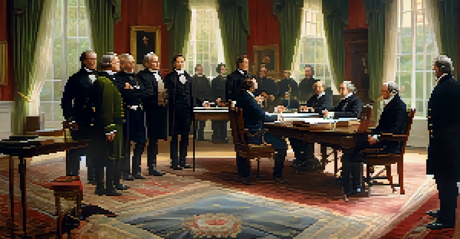A depiction of the signing of the Oregon Treaty in 1846, featuring American and British officials in a grand room with maps and documents.