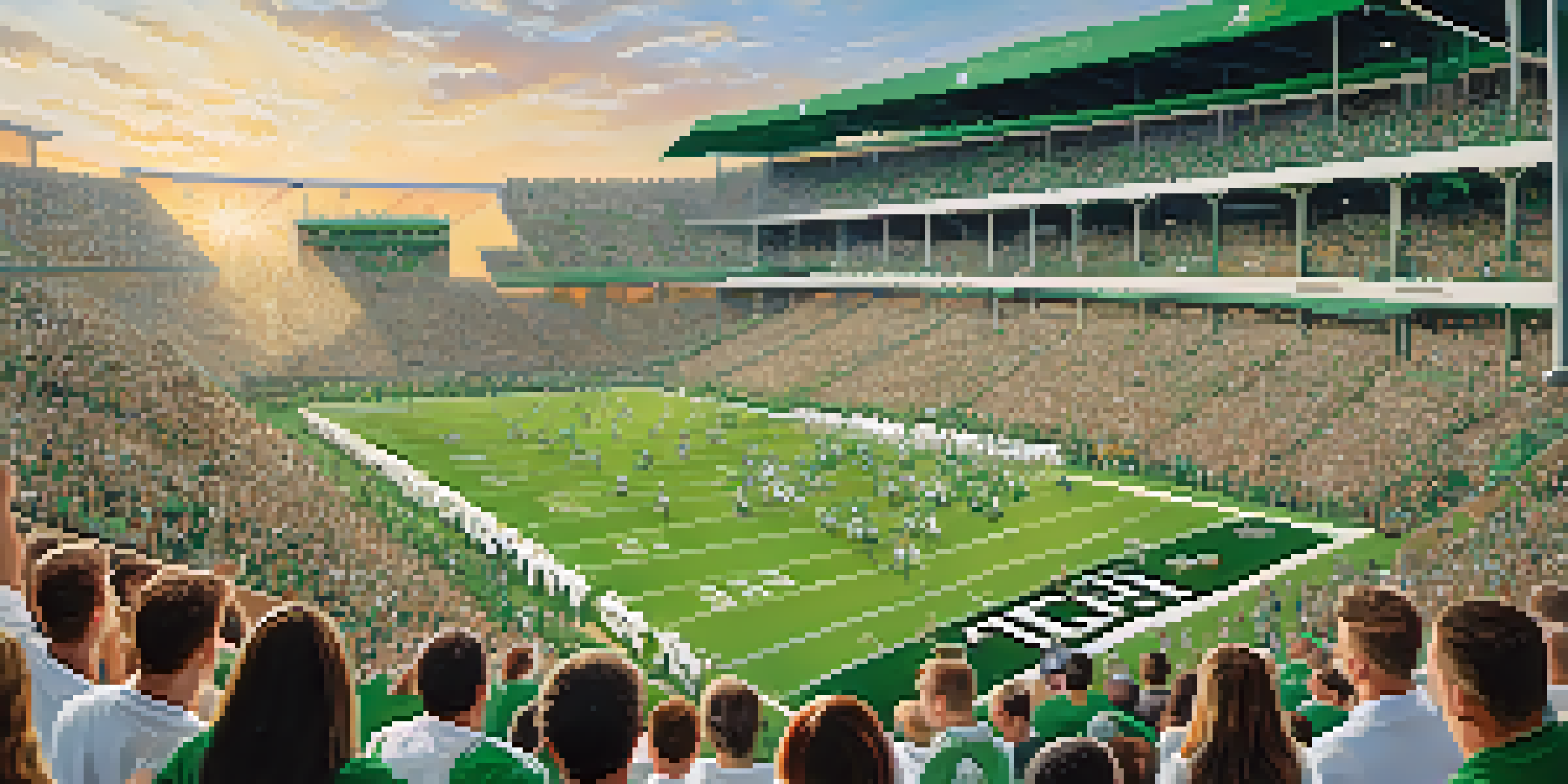 A lively stadium with cheering fans dressed in team colors, celebrating during a college sports game.