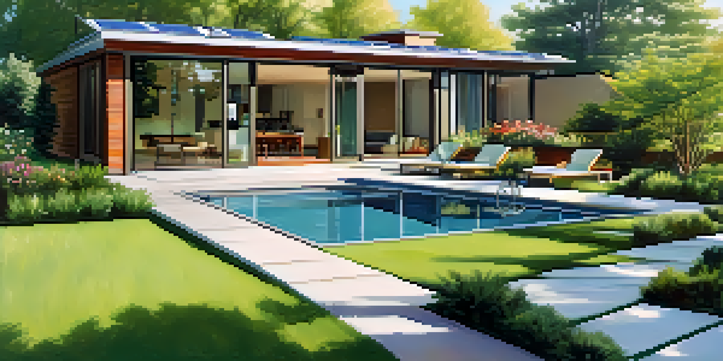 A modern sustainable home with solar panels and green landscaping in an urban setting, showcasing eco-friendly design.