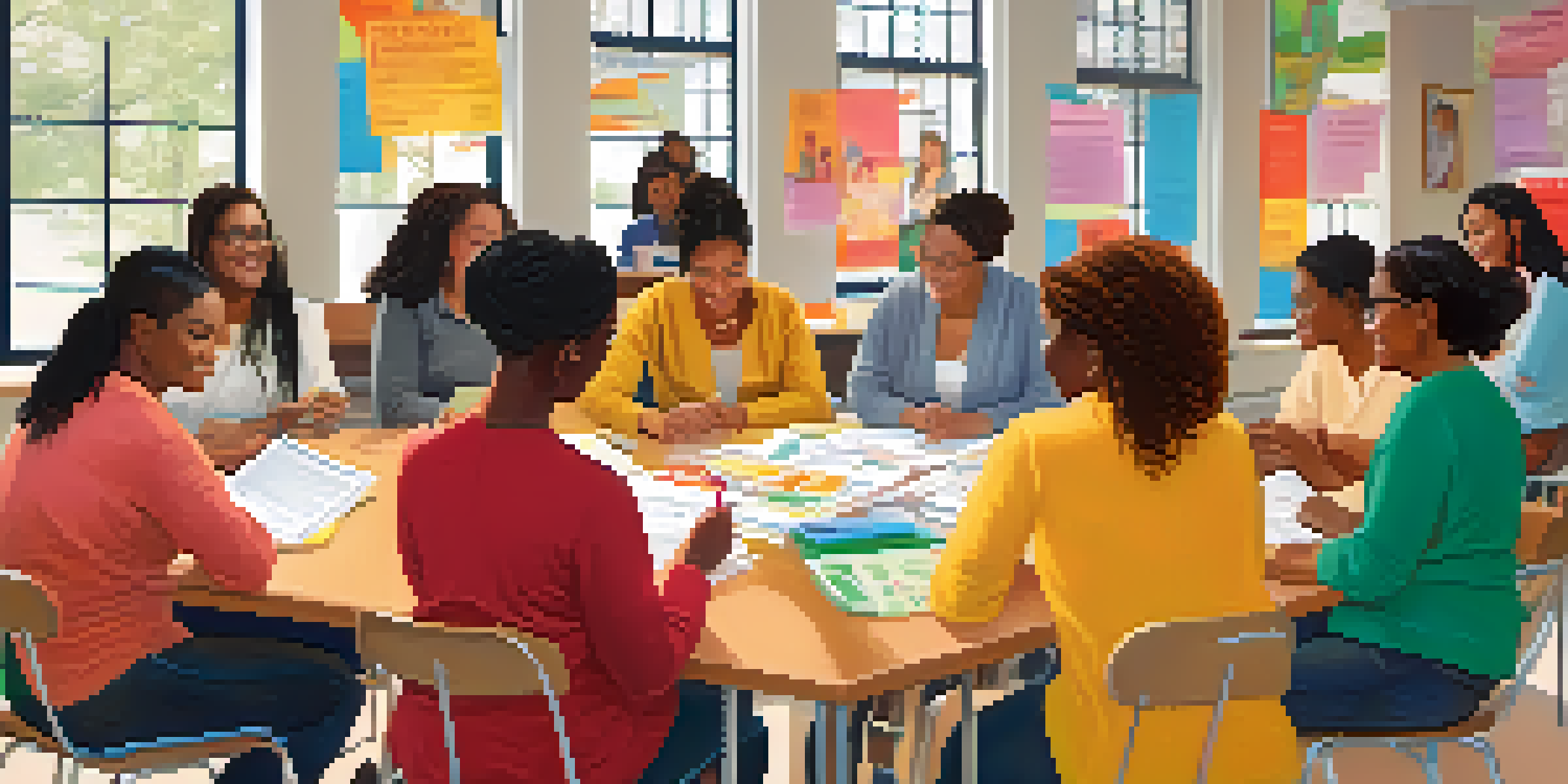 A group of women from diverse backgrounds participating in a financial literacy workshop in a community center, with bright banners and natural light.