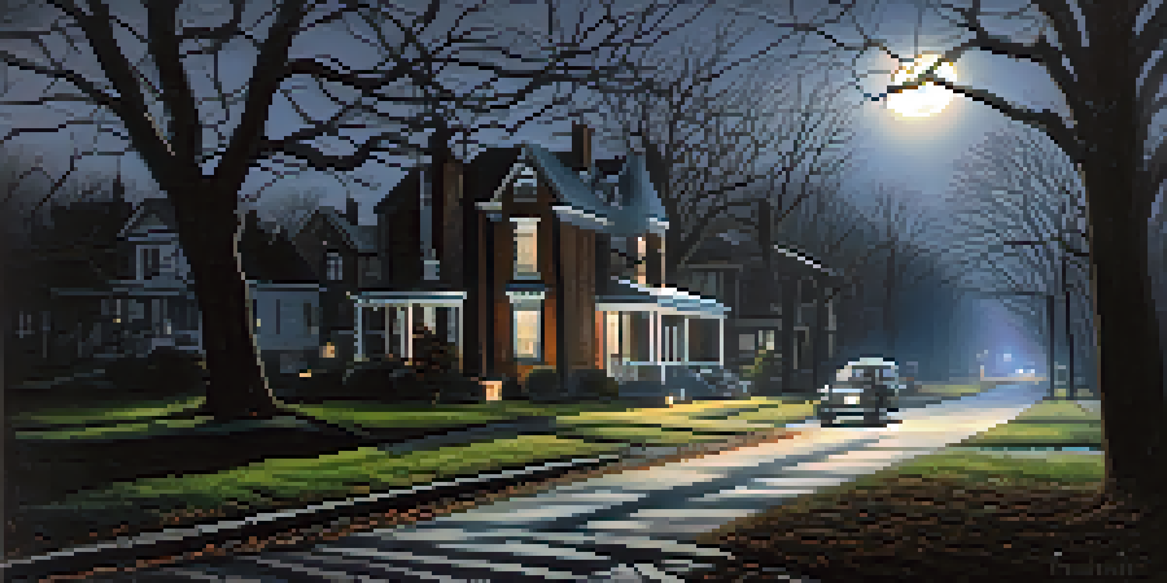 A quiet neighborhood at night with old oak trees, mist, and a Victorian house under a glowing moon.