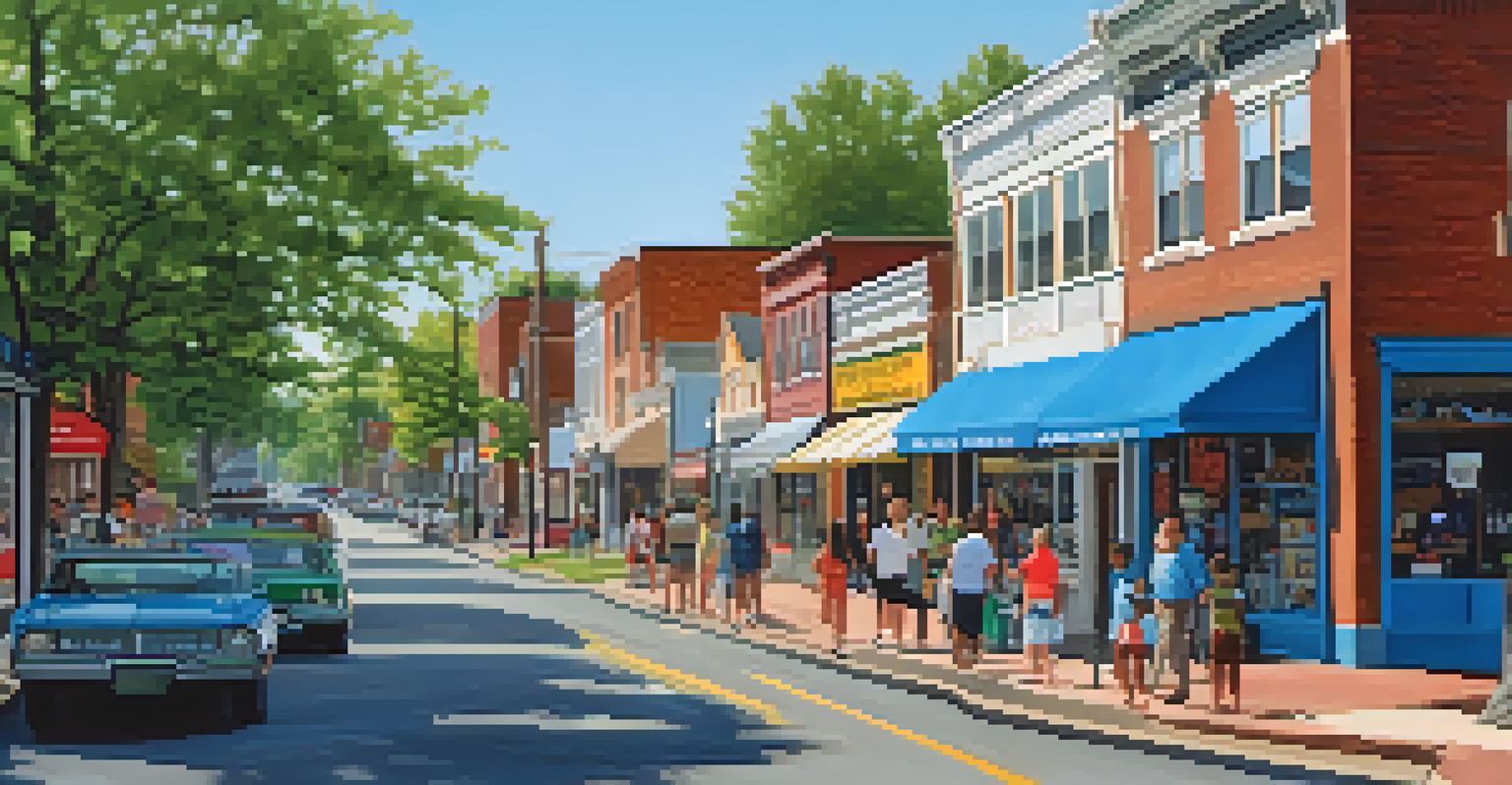 A lively Charlotte neighborhood street scene featuring family-owned shops, people walking, and clear blue skies, showcasing local culture.