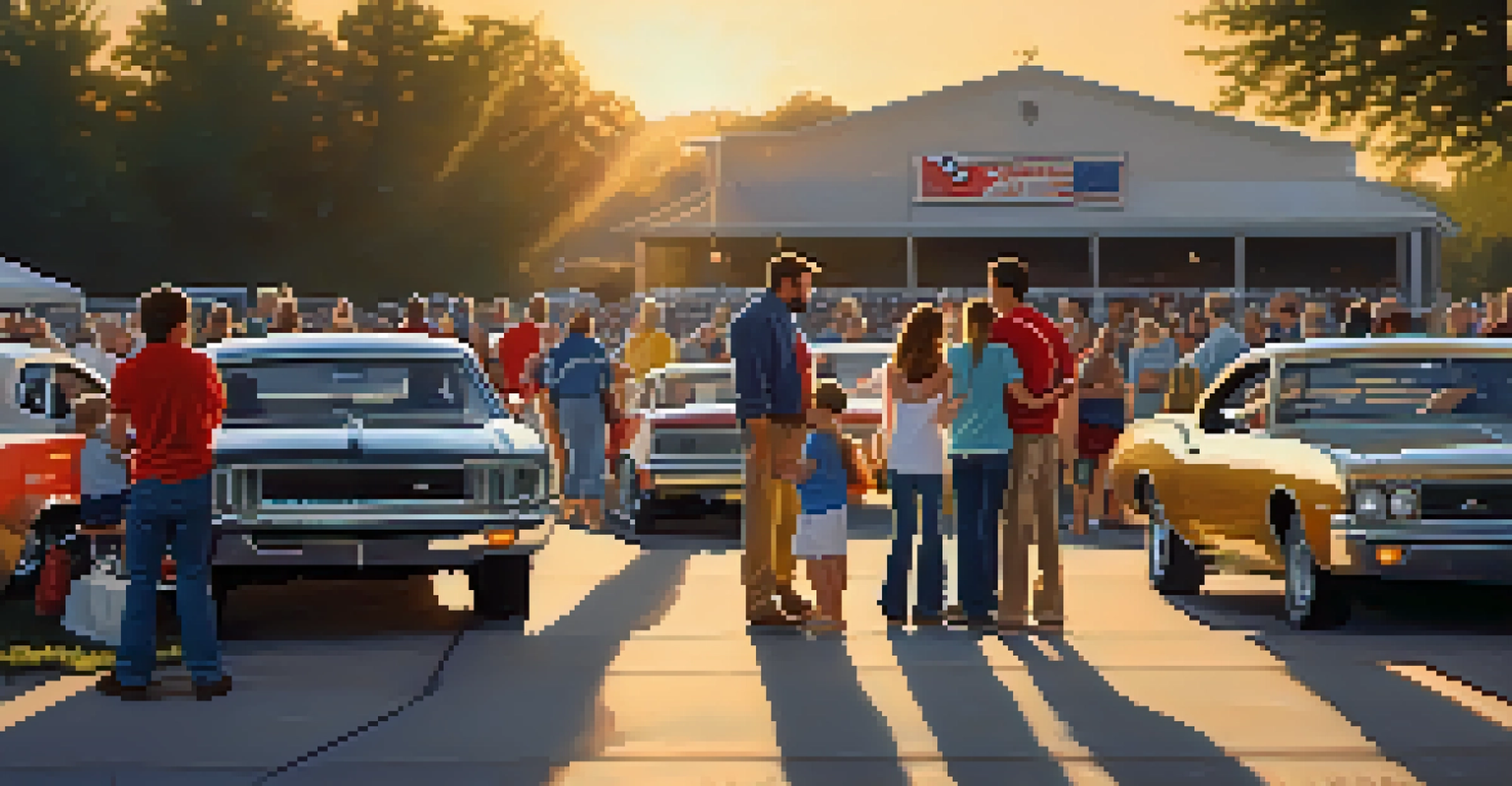 A family enjoying a tailgate party with Southern food and racing memorabilia in the parking lot before a NASCAR event.