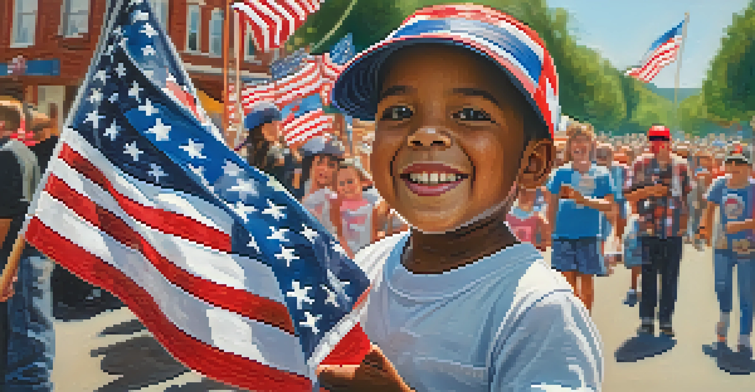 A joyful child with face paint at a parade, holding an American flag, with colorful floats and performers in the background.