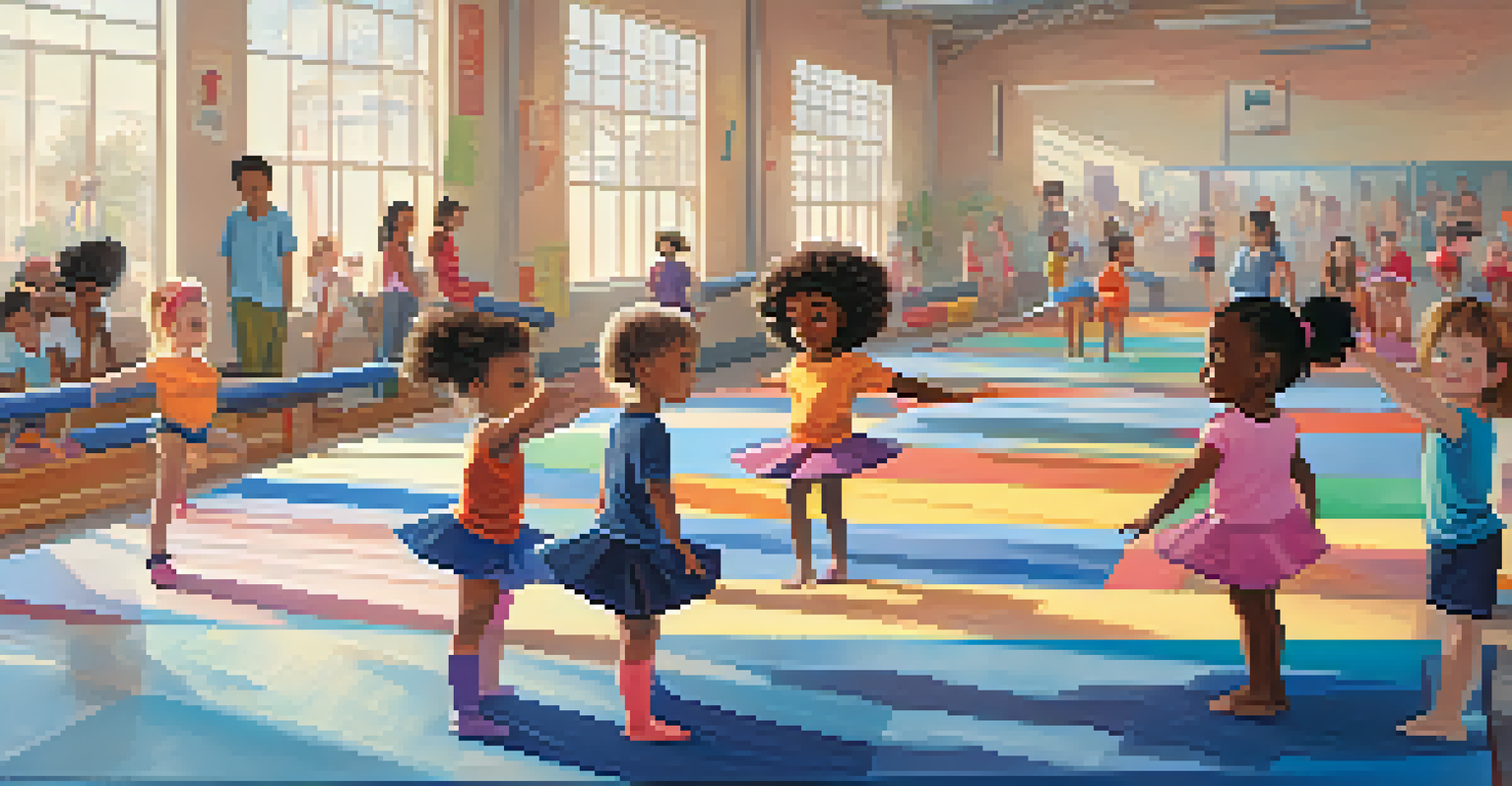 Diverse children practicing gymnastics in a brightly lit gym, showcasing flexibility and teamwork.