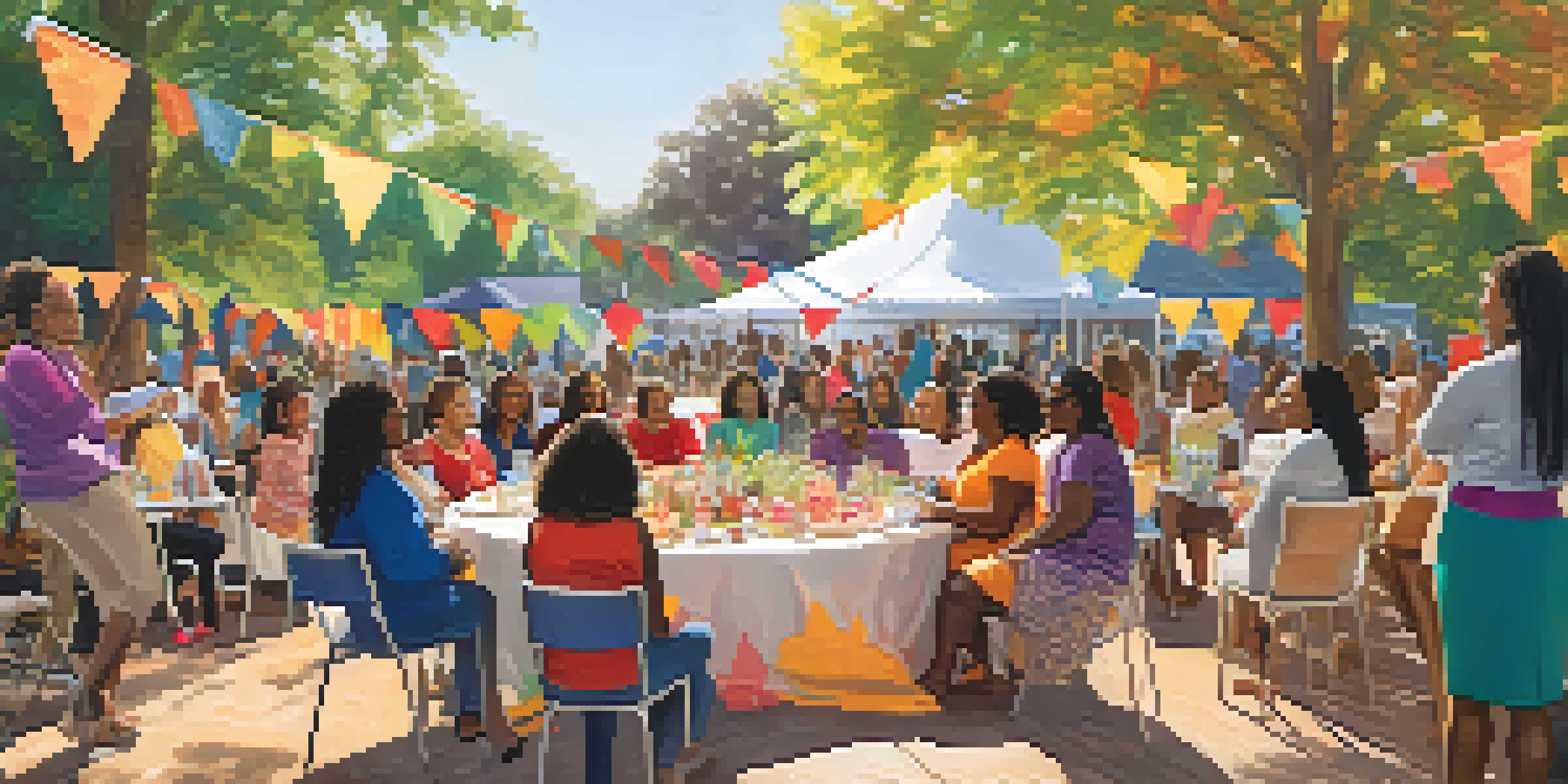 A lively outdoor event showcasing women of various backgrounds participating in discussions and activities, with colorful decorations and sunlight creating a welcoming environment.