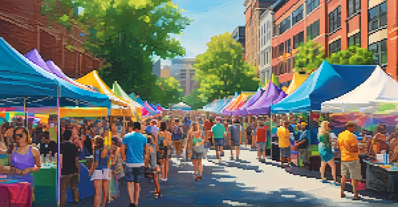 A lively outdoor festival area at Charlotte's Pride with booths, food vendors, and attendees enjoying the celebrations.