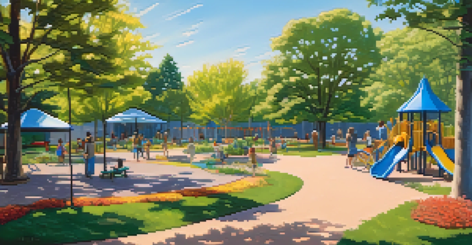 A lively community park with native plants and wildflowers, sunlight filtering through trees, families having picnics, and playground equipment made from recycled materials.