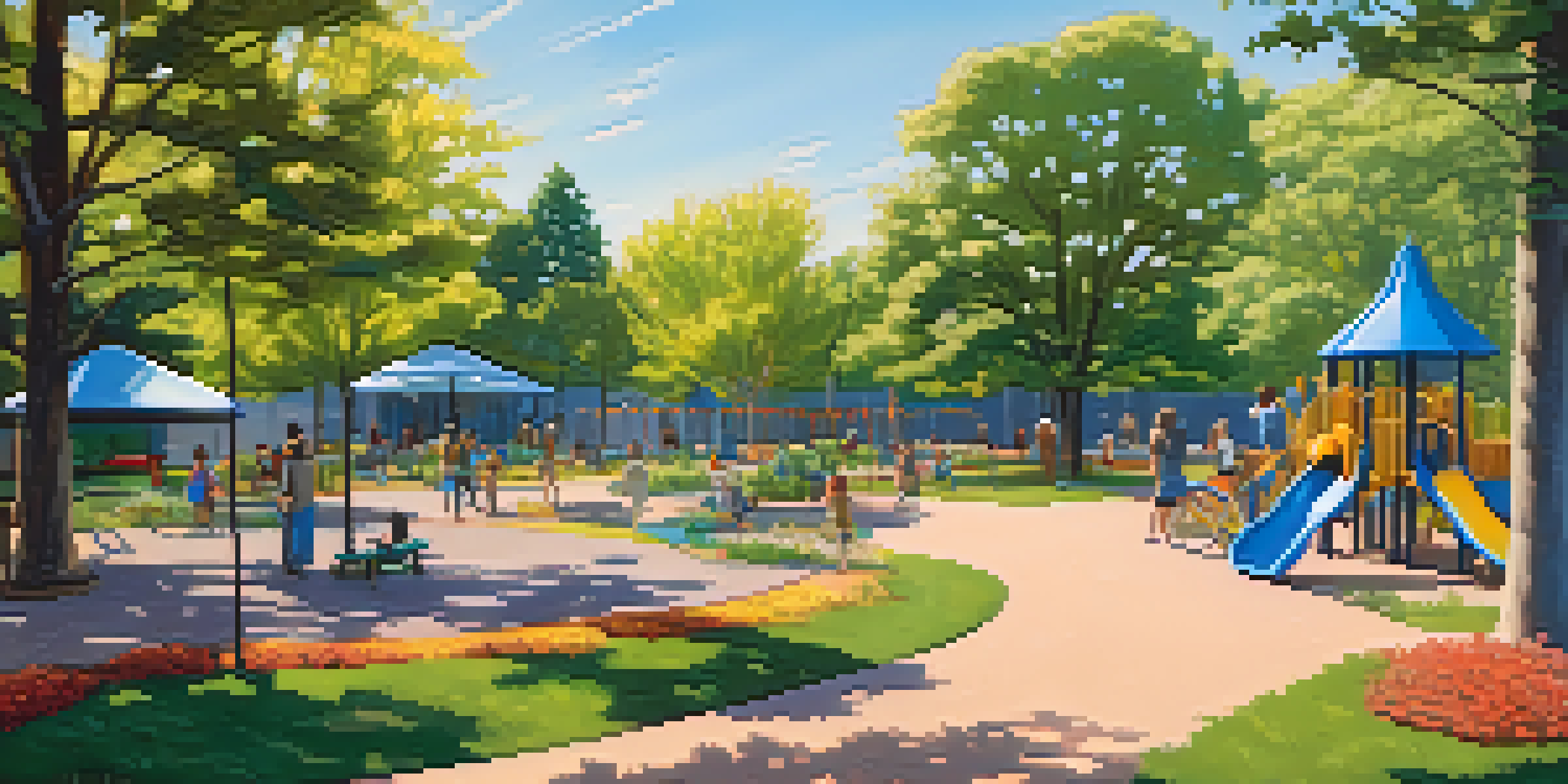 A lively community park with native plants and wildflowers, sunlight filtering through trees, families having picnics, and playground equipment made from recycled materials.