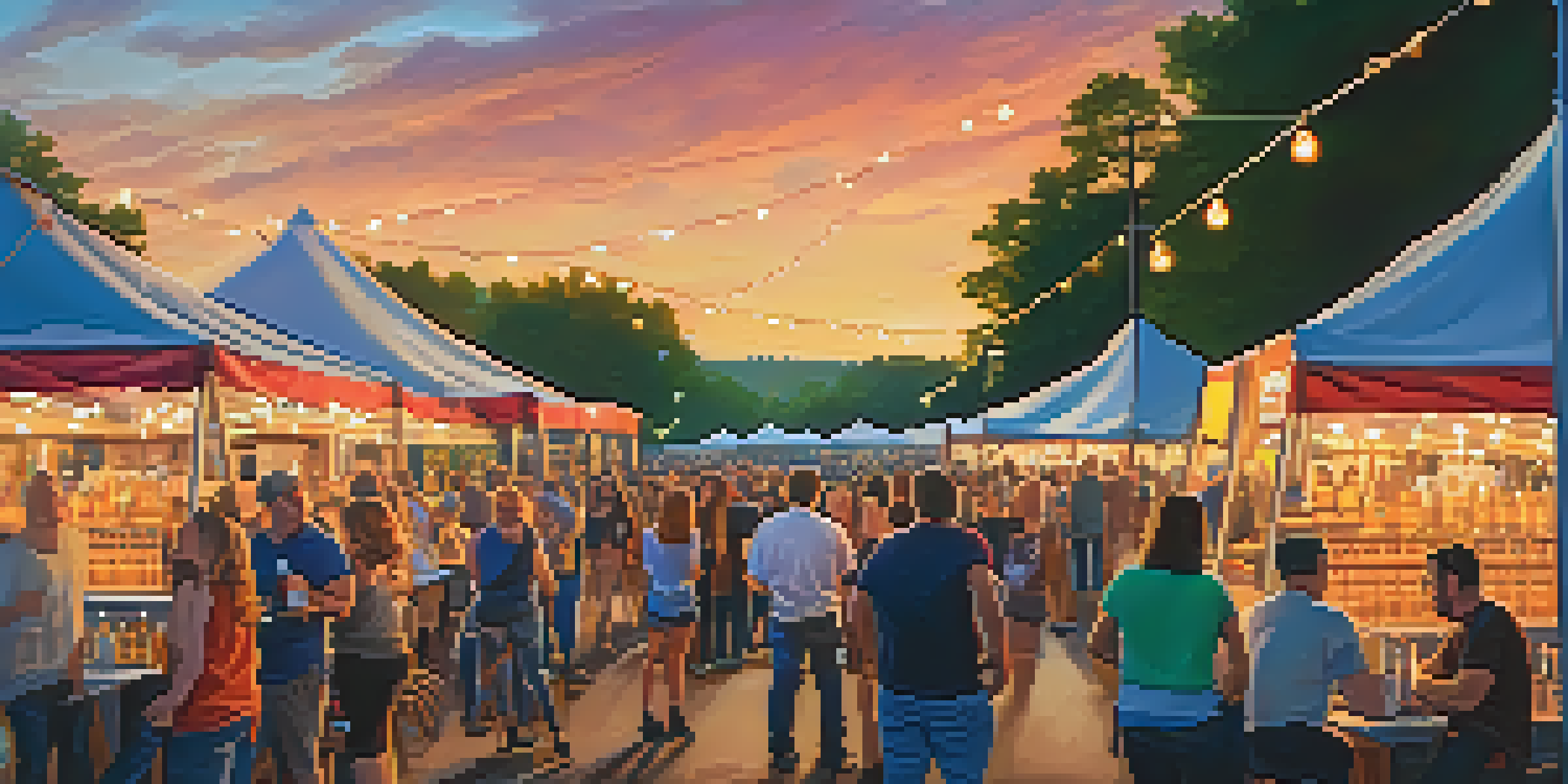 An outdoor craft beer festival in Charlotte with colorful tents, people sampling beers, food trucks, and a sunset sky.