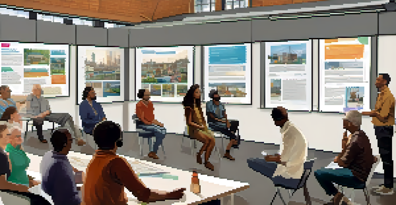 Residents in Charlotte engaged in a community meeting discussing public transport initiatives, with a projector displaying transport plans.
