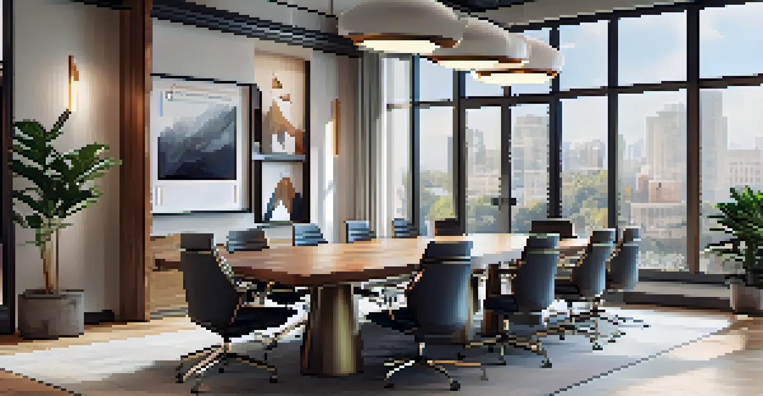 An elegant conference room in a co-working space, featuring a large wooden table and modern chairs, with ambient lighting and large windows.
