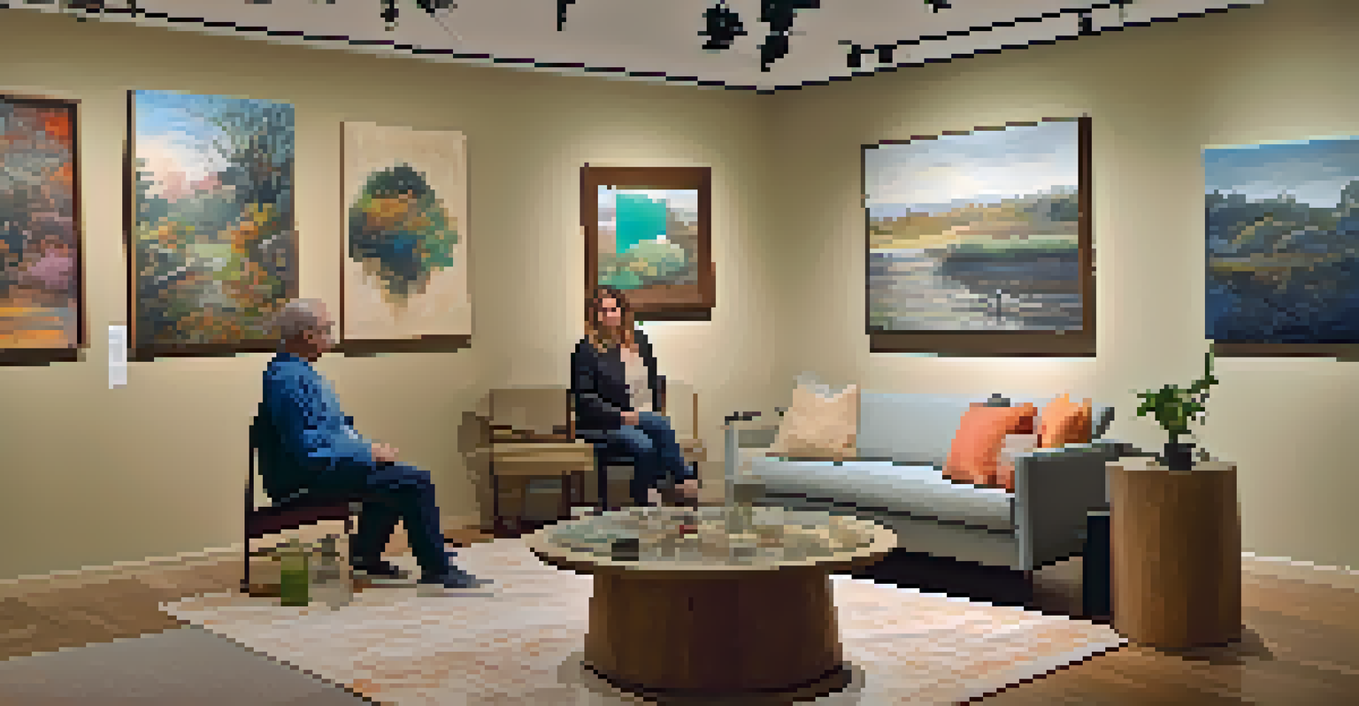 An art gallery in Charlotte showcasing various artworks with visitors admiring the pieces in a cozy atmosphere.