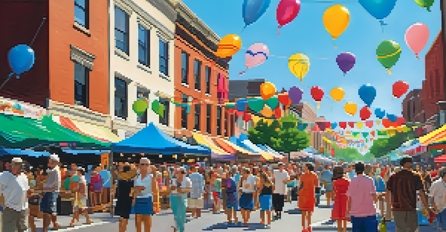 A lively street scene in Charlotte during a cultural festival with colorful decorations and people enjoying the festivities.