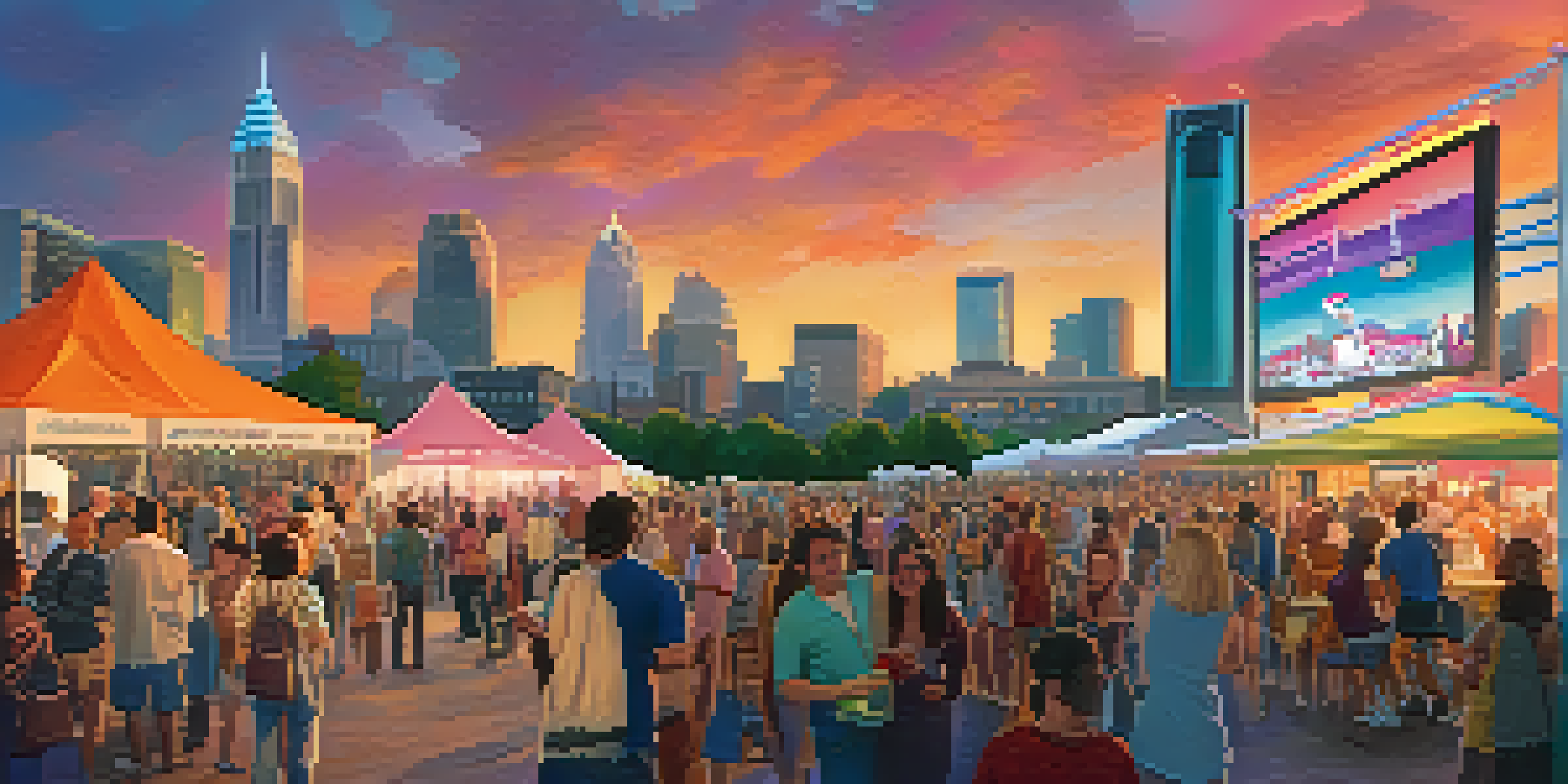 A lively scene from the Charlotte Film Festival with people interacting, colorful banners, and a film screen, under a sunset sky with the Charlotte skyline.