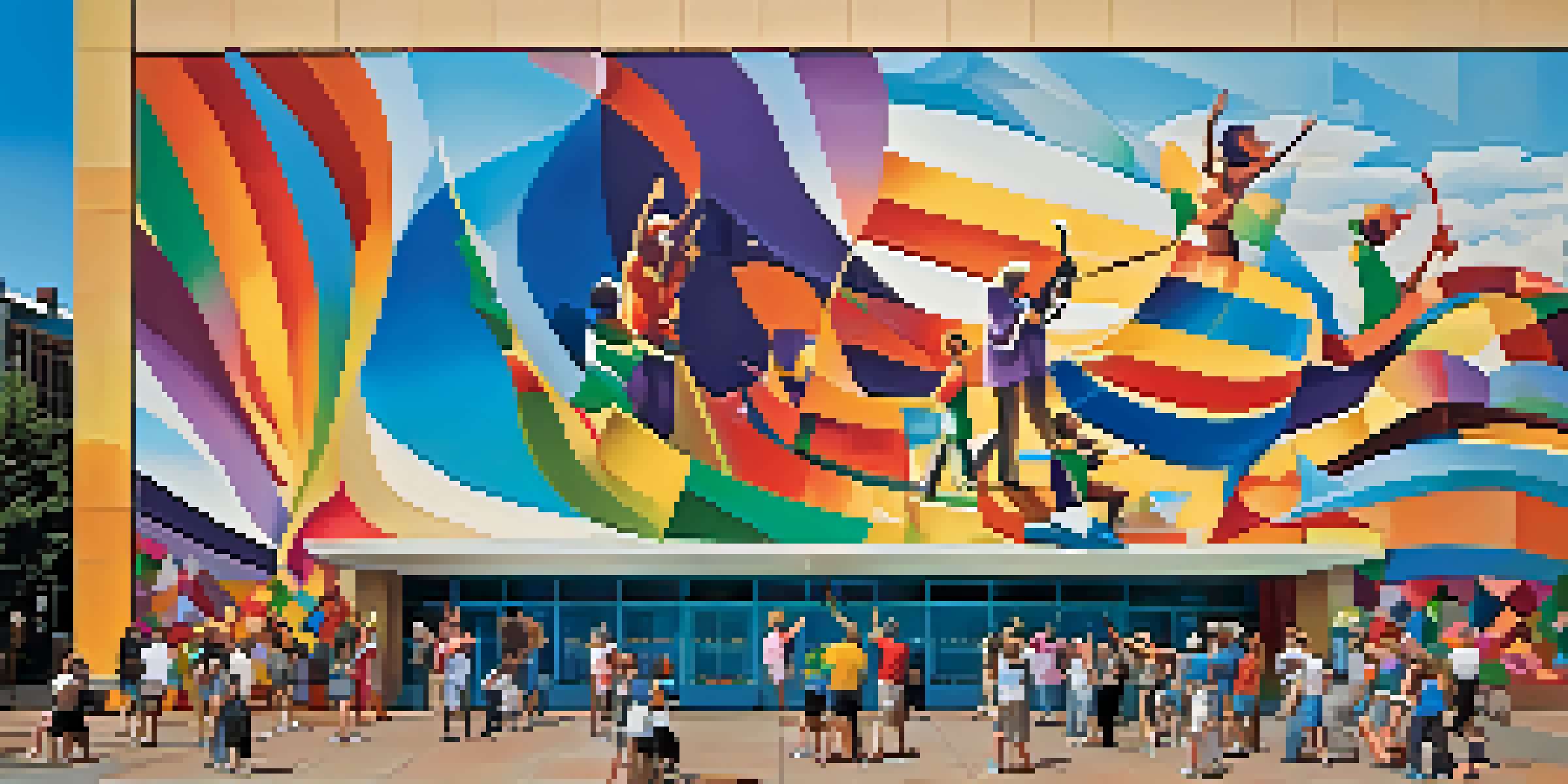 A colorful mural on the Knight Theater, depicting elements of music, dance, and theater, with people in front taking photos.