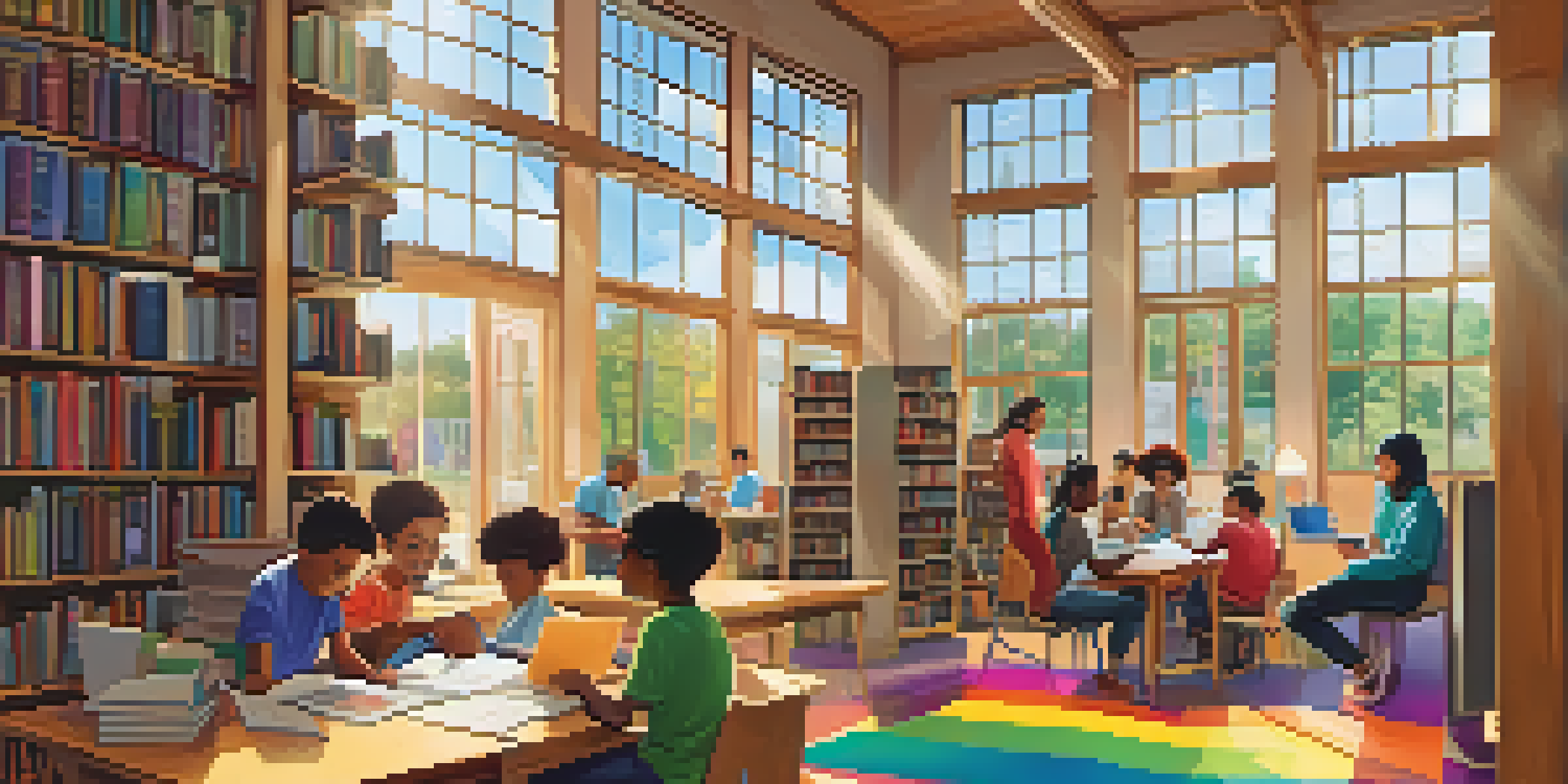 A lively library scene showcasing families and teenagers engaged in reading and digital literacy activities, with sunlight streaming through windows.