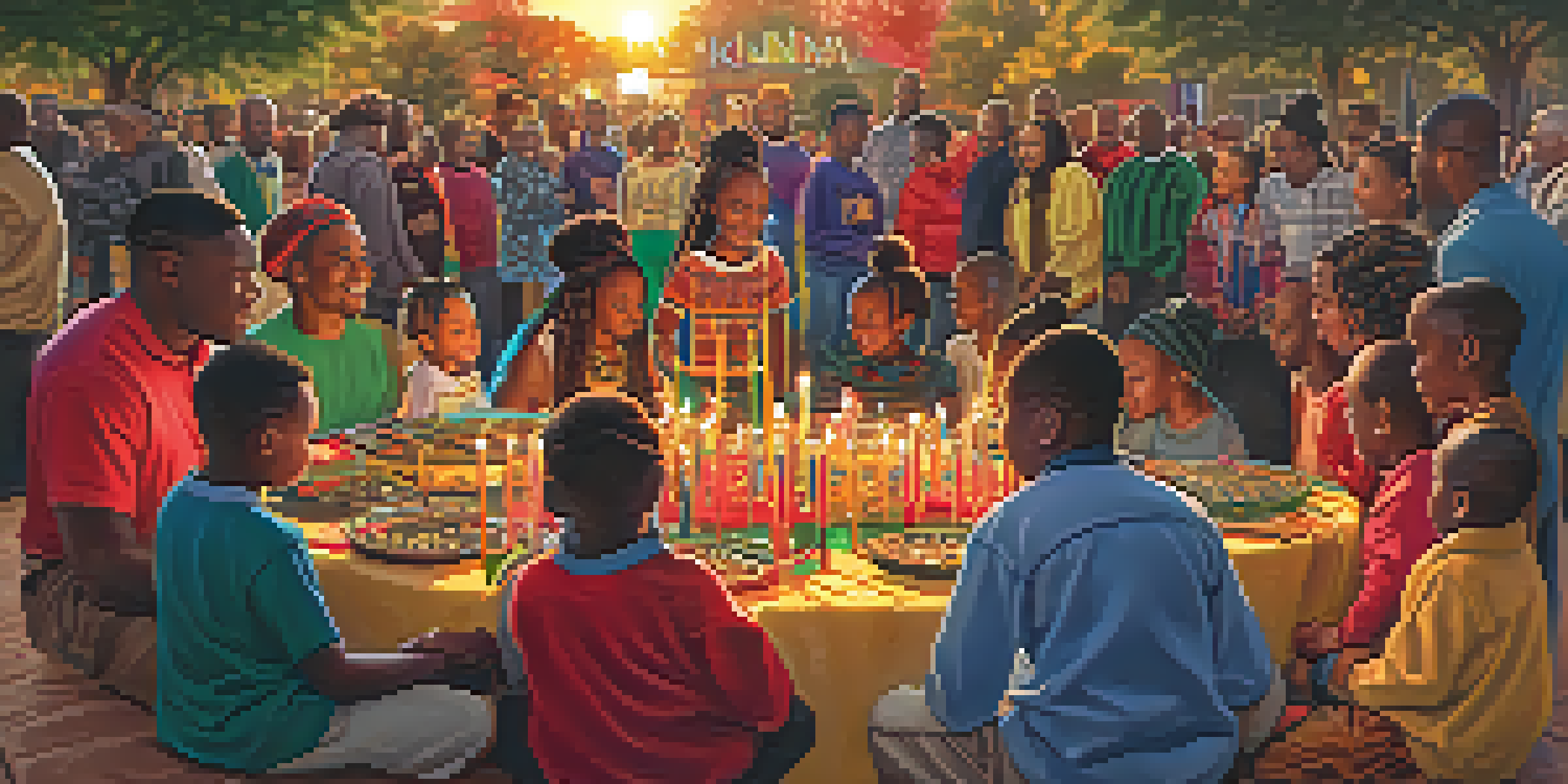 A lively community gathering for Kwanzaa in a park, featuring families, decorations, and a warm sunset.